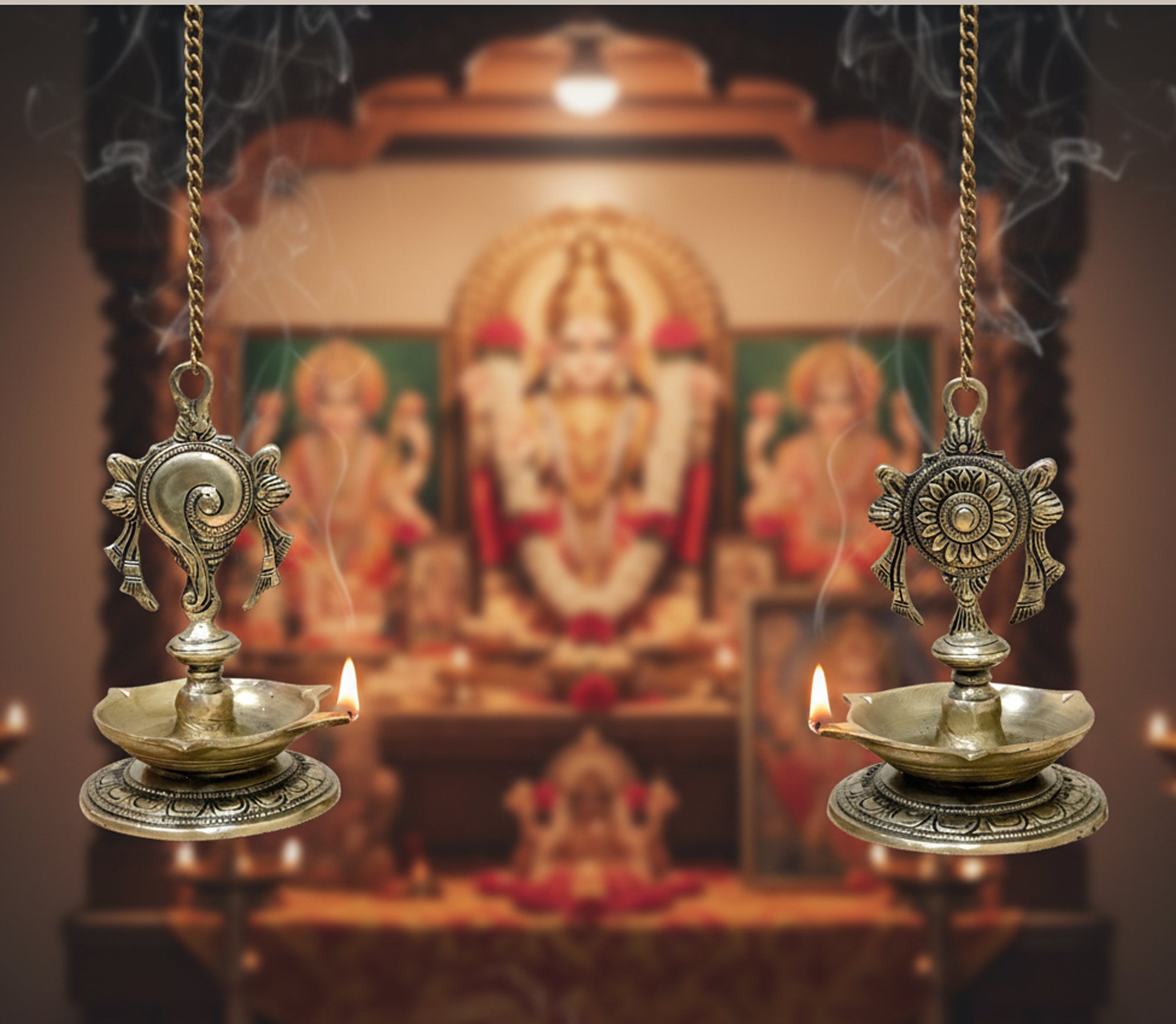 StonKraft - Pair of Brass Hanging Diya, Oil Lamp, Lamp for Home and Office (Hanging Length 25.75")