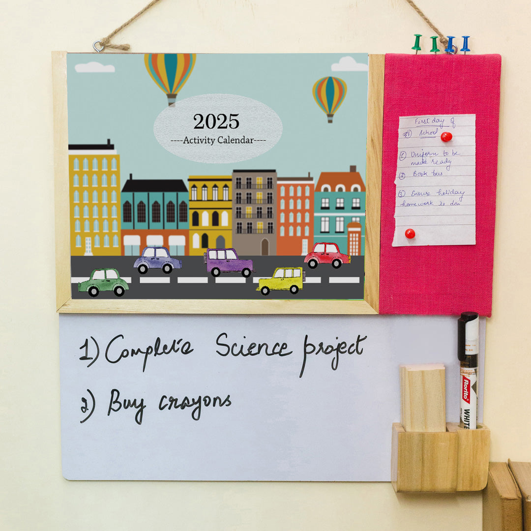 IVEI Kids Activity Calendar with Whiteboard & Pin Board - Combination Board Hanging Wall with Calendar Set with Marker & Duster Holder - Innovative Gift for Kids Room Decor, School, Home - Blue