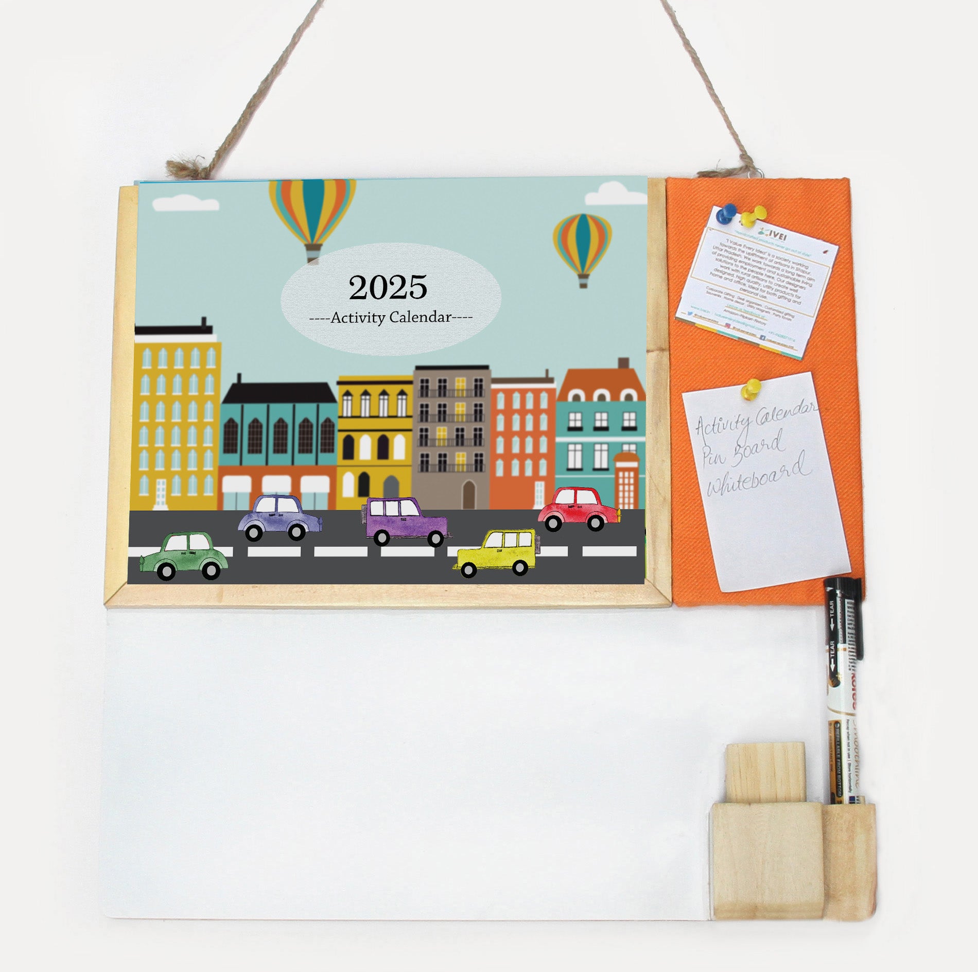 IVEI Kids Activity Calendar with Whiteboard & Pin Board - Combination Board Hanging Wall with Calendar Set with Marker & Duster Holder - Innovative Gift for Kids Room Decor, School, Home - Blue