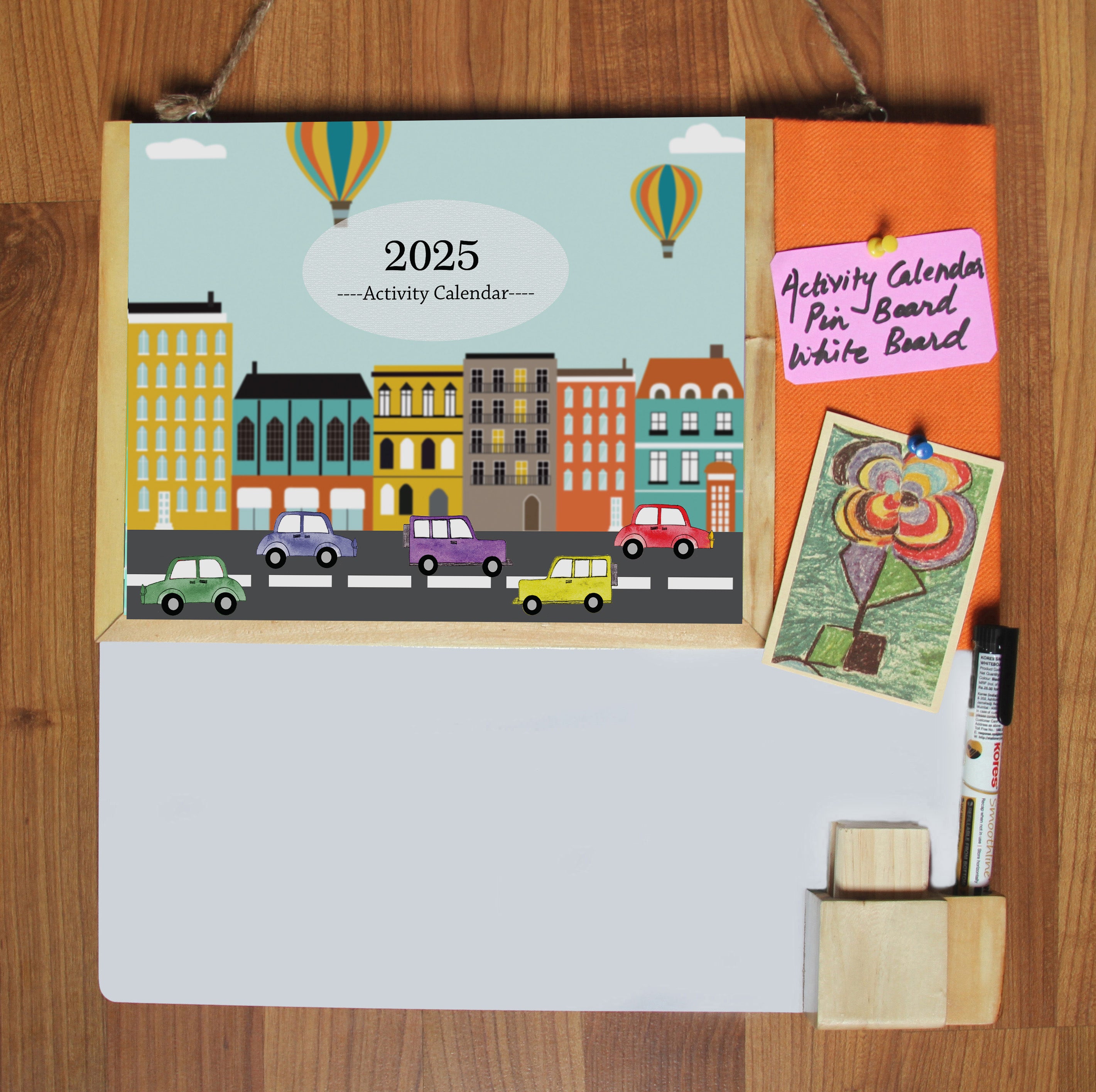 IVEI Kids Activity Calendar with Whiteboard & Pin Board - Combination Board Hanging Wall with Calendar Set with Marker & Duster Holder - Innovative Gift for Kids Room Decor, School, Home - Blue