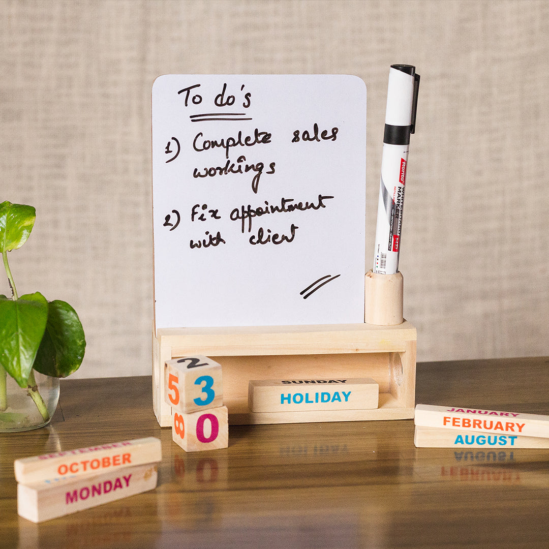 IVEI Wooden Endless Desk Calendar with Whiteboard | Perpetual Calendar Set for Desk Decor, Study Room
