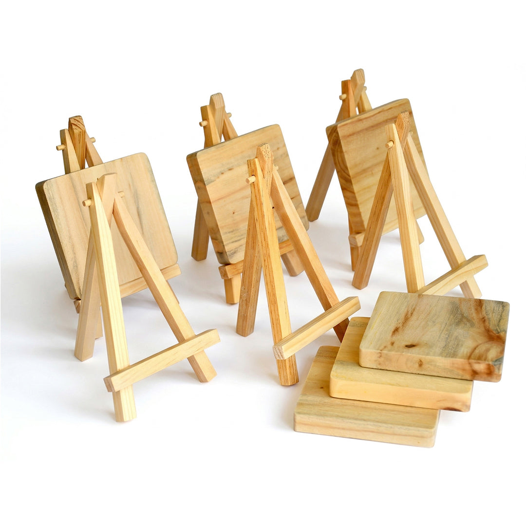 IVEI Mini Wooden Easel Stands with Wood Coasters - Set of 6 | DIY Painting Coaster Kit with Display Stand