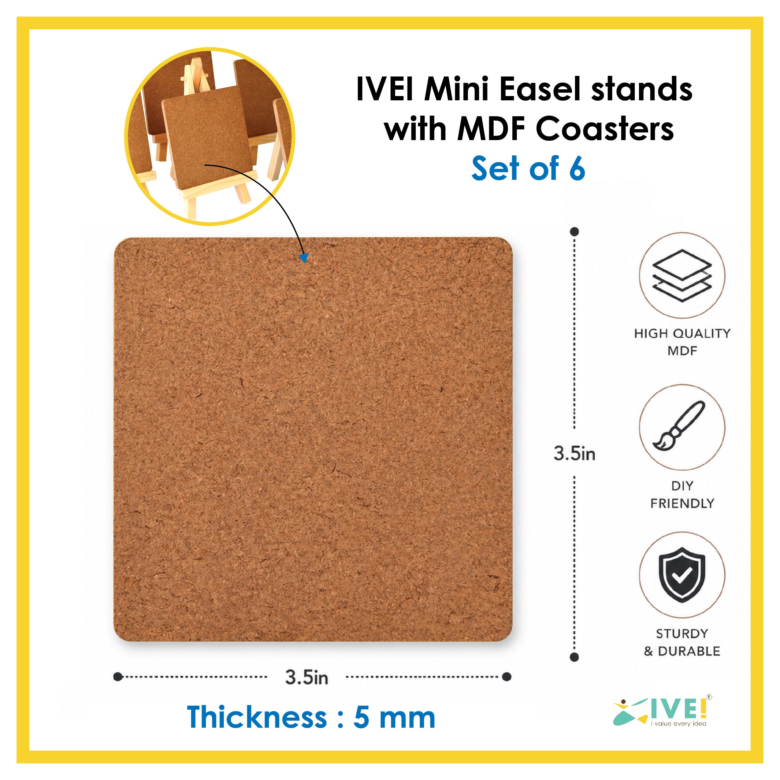 IVEI Mini 6 Inch Wooden Easel Stands with MDF Coasters  - Set of 6 | DIY Painting Coaster Kit with Display Stand