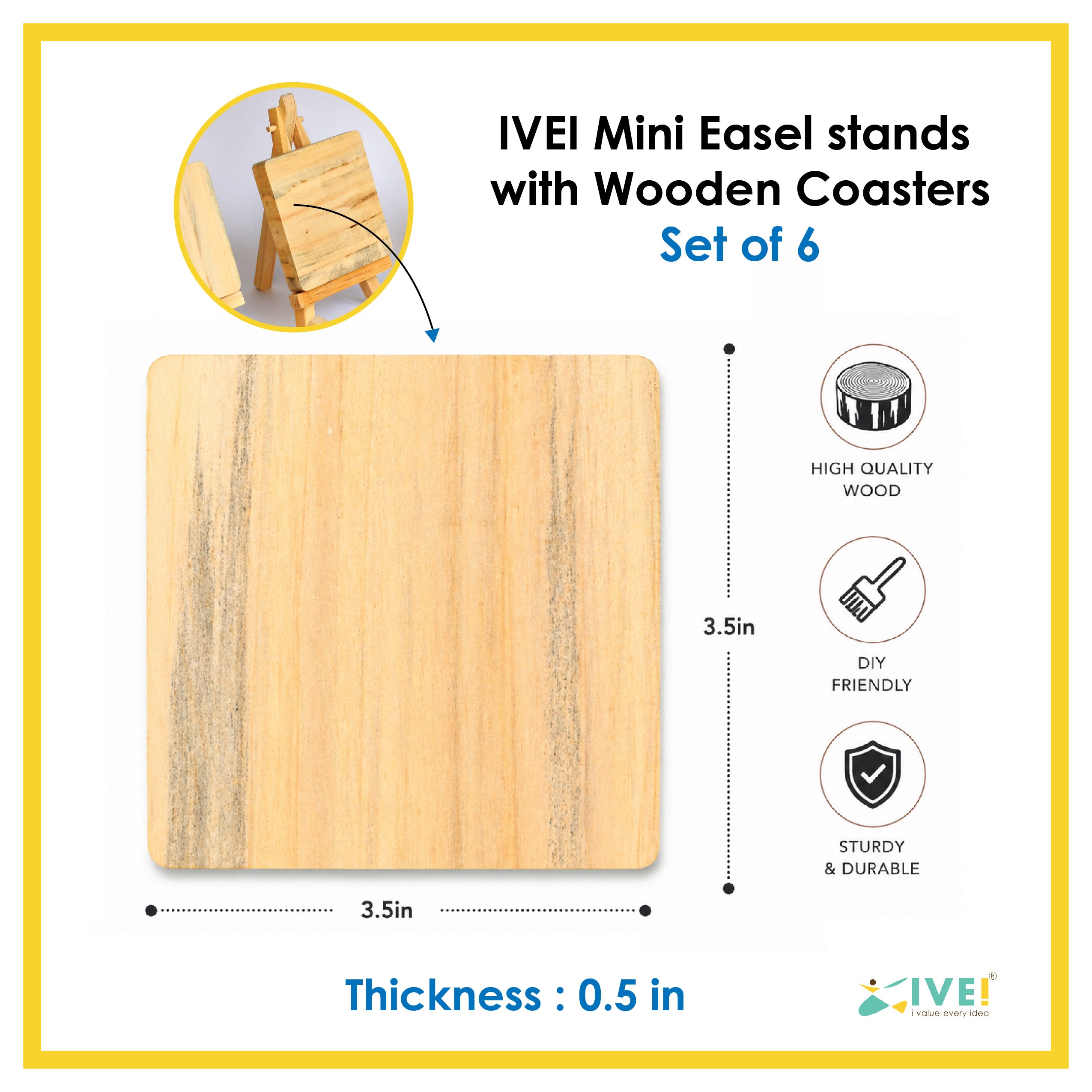 IVEI Mini Wooden Easel Stands with Wood Coasters - Set of 6 | DIY Painting Coaster Kit with Display Stand