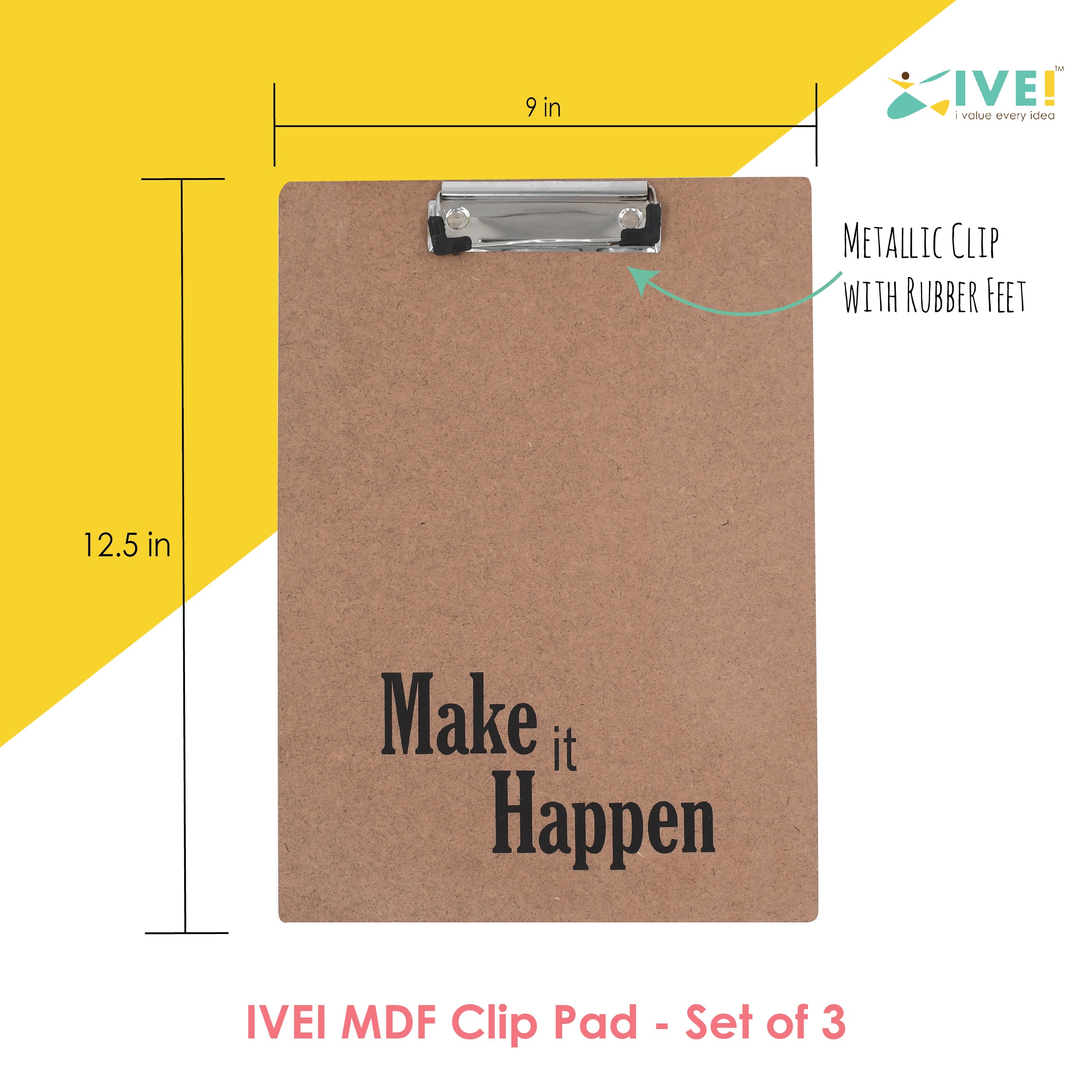IVEI Clip Pad Writing Board | Examination Board, Drawing Pad & Note-Taking Board | MDF A4 Plain - Set of 3 | Exam Pad | School Supplies (Quote Set 2)