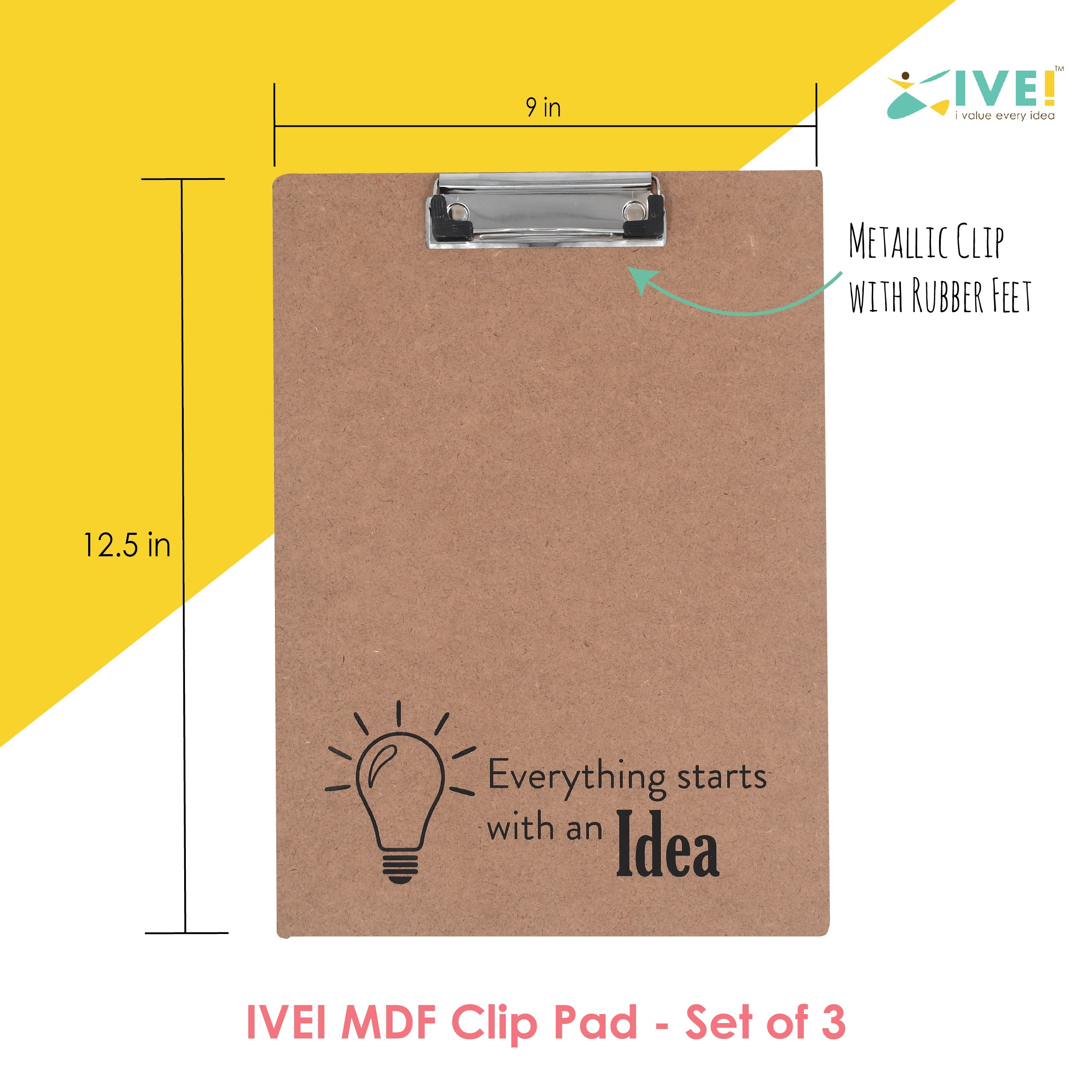 IVEI Clip Pad Writing Board | Examination Board, Drawing Pad & Note-Taking Board with Quotes | MDF A4 Plain - Set of 3 | School, Office and Home use