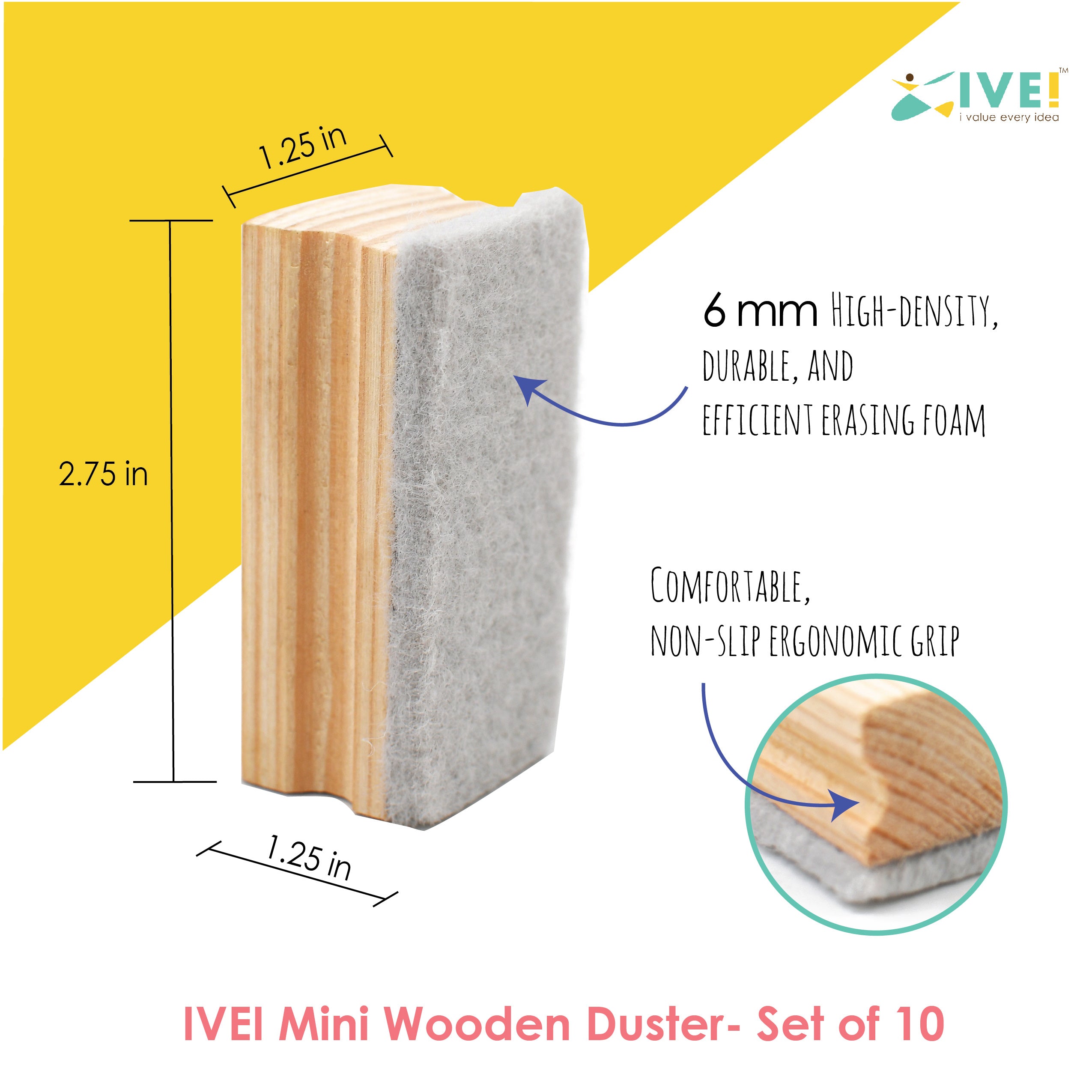IVEI Wooden Mini Dusters for Blackboards and Whiteboards | Set of 10 | Marker and Chalk Eraser for Classroom, School, Home and Office use | Teaching Tools for Teachers and Students (10)