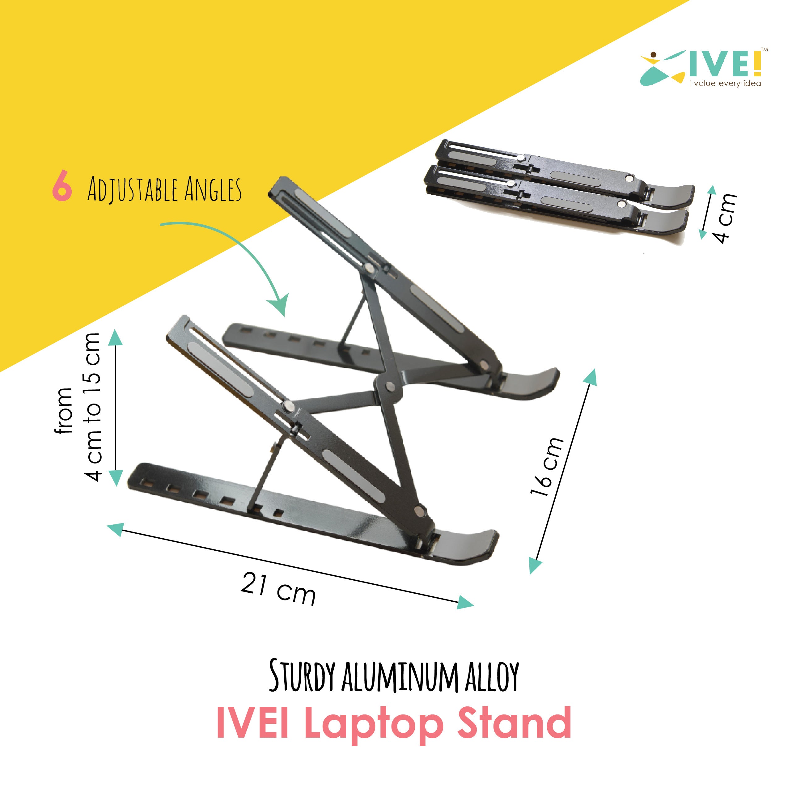 IVEI Laptop Stand for Overheating Protection - Portable, Adjustable & Foldable | Laptop Stand for Office Desk, Home Office, Table, Bed, Travel - Lightweight Aluminium Alloy Tabletop