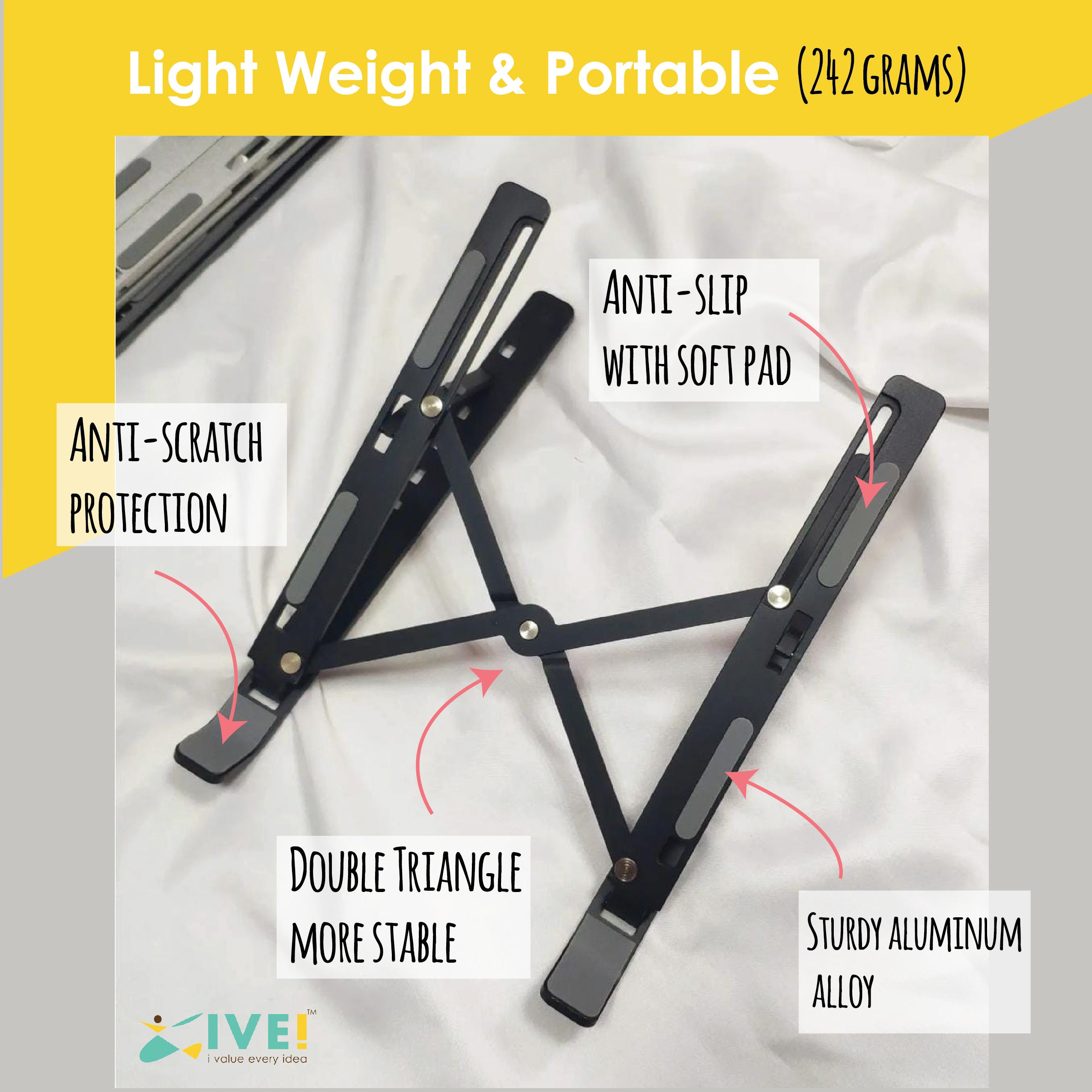 IVEI Laptop Stand for Overheating Protection - Portable, Adjustable & Foldable | Laptop Stand for Office Desk, Home Office, Table, Bed, Travel - Lightweight Aluminium Alloy Tabletop