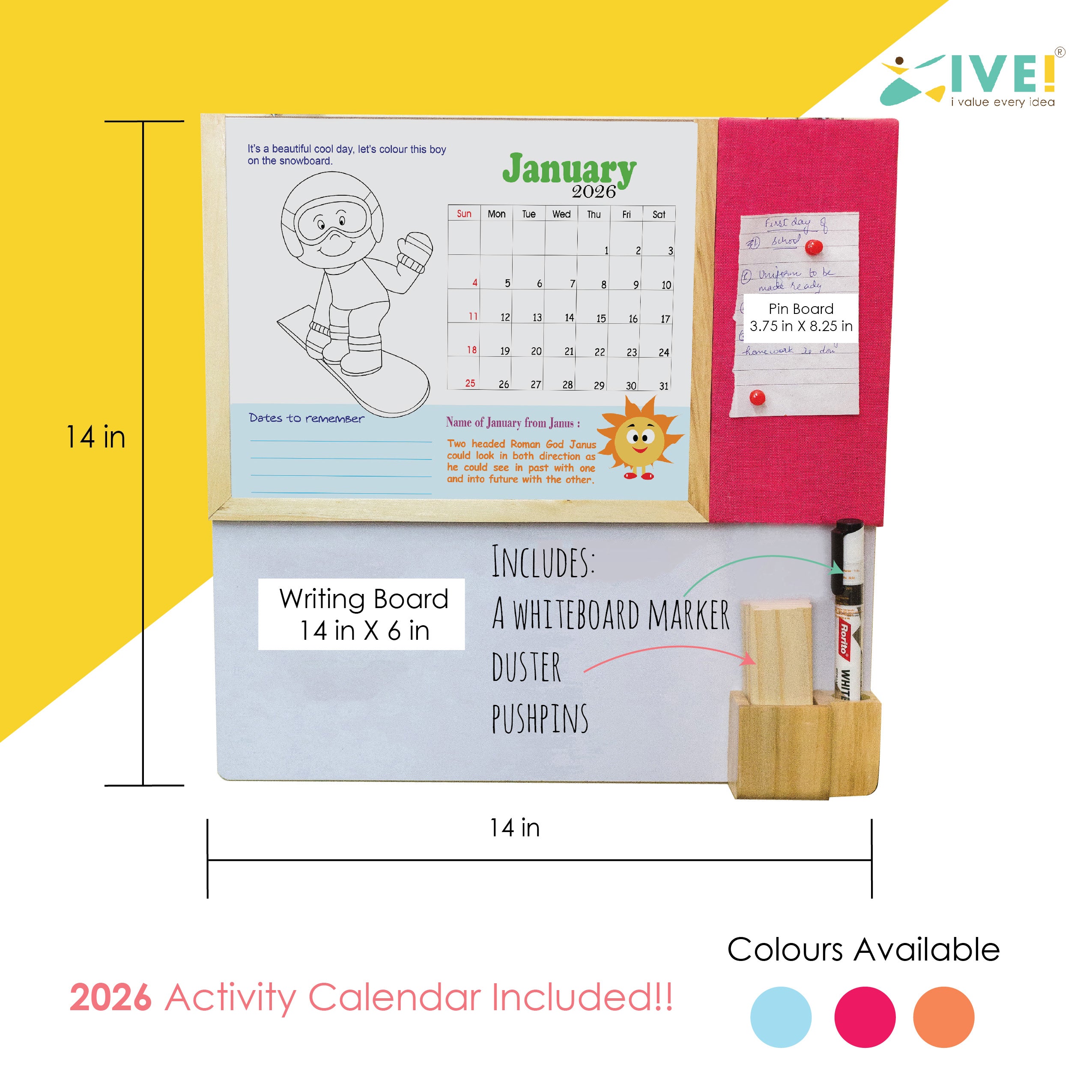 IVEI Kids Activity Calendar with Whiteboard & Pin Board - Combination Board Hanging Wall with Calendar Set with Marker & Duster Holder - Innovative Gift for Kids Room Decor, School, Home - Blue