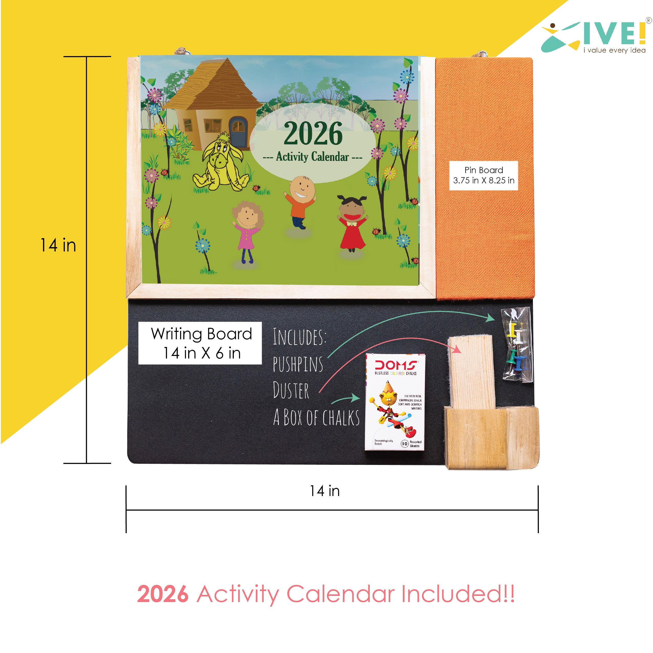 IVEI Kids Activity Calendar with Blackboard & Pin Board -Orange- Combination Board Hanging Wall with Calendar Set with Marker & Duster Holder - Innovative Gift for Kids Room Decor, School, Home