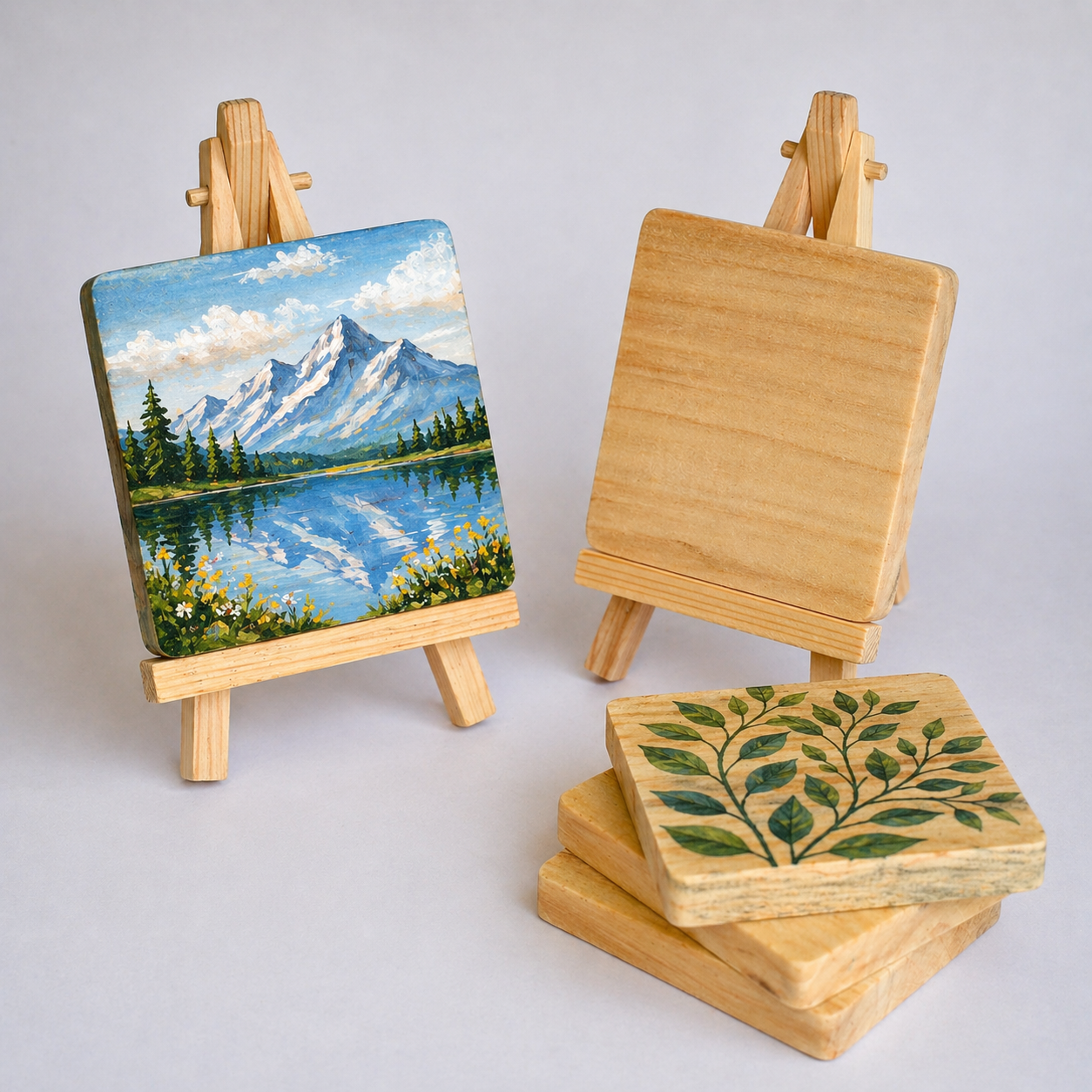 IVEI Mini Wooden Easel Stands with Wood Coasters - Set of 6 | DIY Painting Coaster Kit with Display Stand