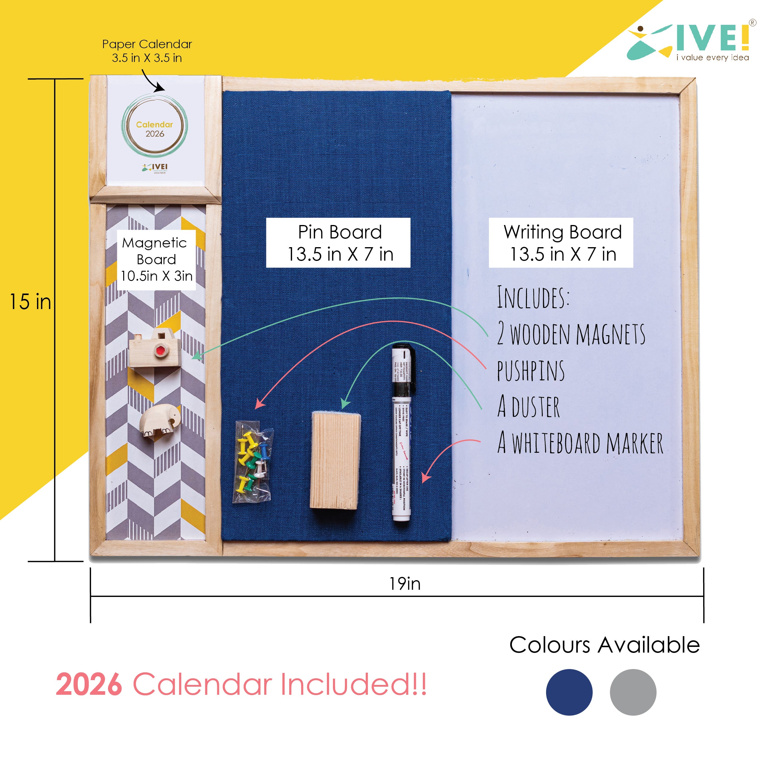 IVEI Combination Board - Pin and White Board Combo - Dry Erase - Bulletin - Metal Board - Calendar | All Purpose to-do Boards for Office, School, Home | 15inX19in (BIG)