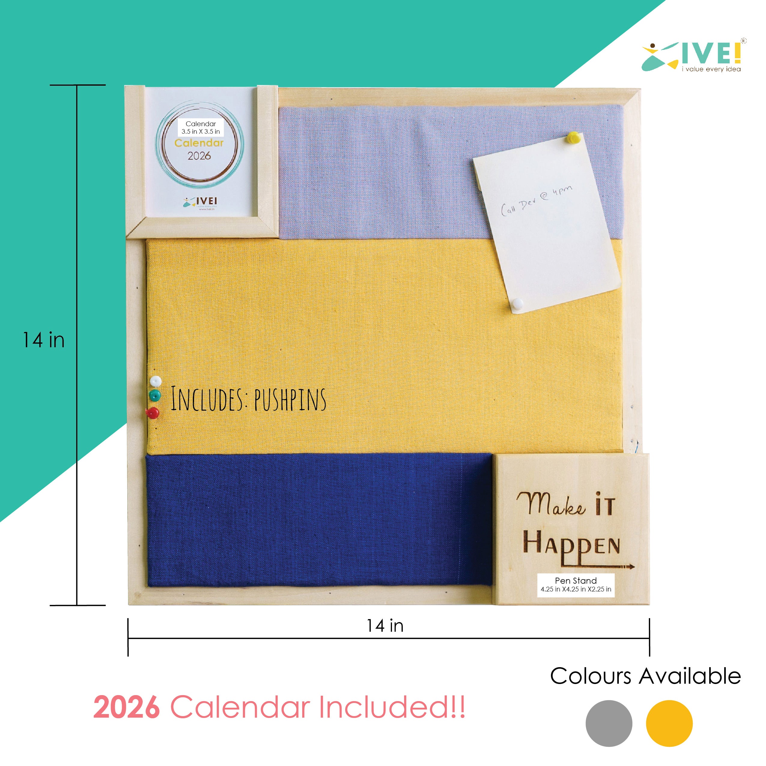IVEI 2 Coloured Pin Board with Calendar and Pen Stand Engraved with Inspiring Words, Pin Board in 2 Colours to Organize Your Lists | Ideal for Home and Office