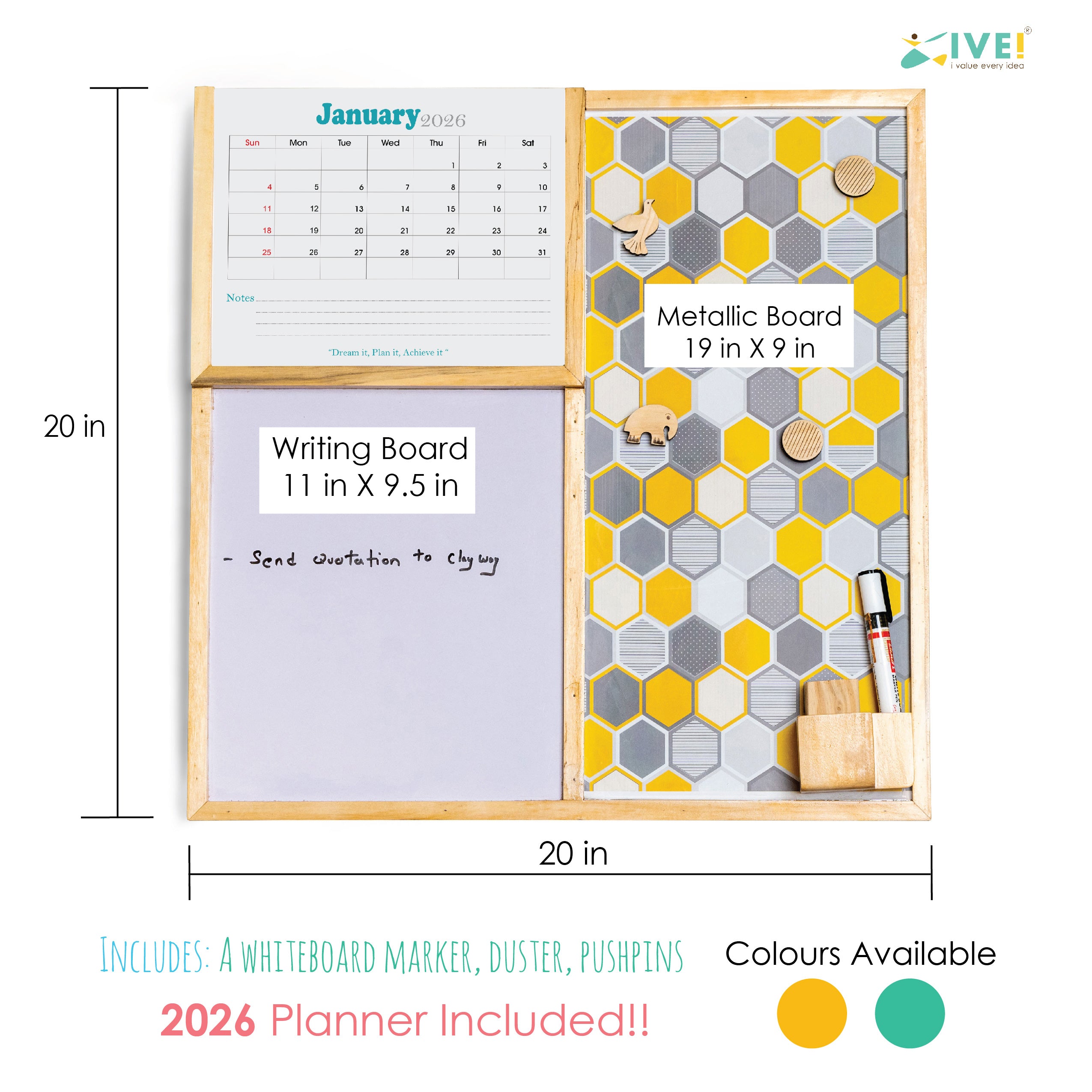 IVEI Combination Board with Magnet Board, Planner & Whiteboard -Innovative Organizer for Kids and Adults with Magnets to Do Boards, Best Gift for Home, Office, School- Green, Yellow
