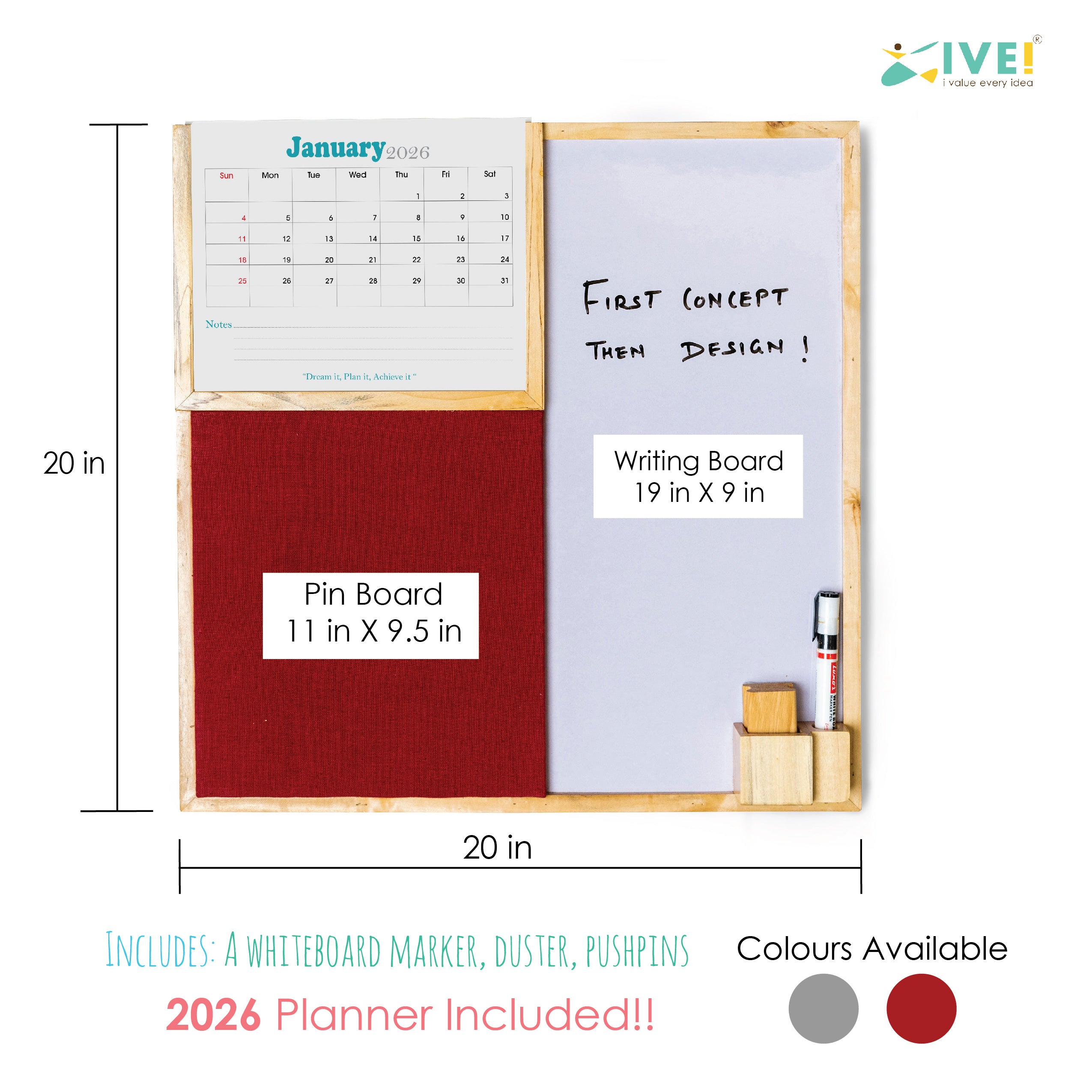 IVEI Combination Board with Planner, Pin Board & Whiteboard - Grey - Innovative Organizer for Kids and Adults to Do Boards – Best Gift for Home, Office, School- Grey, Wine