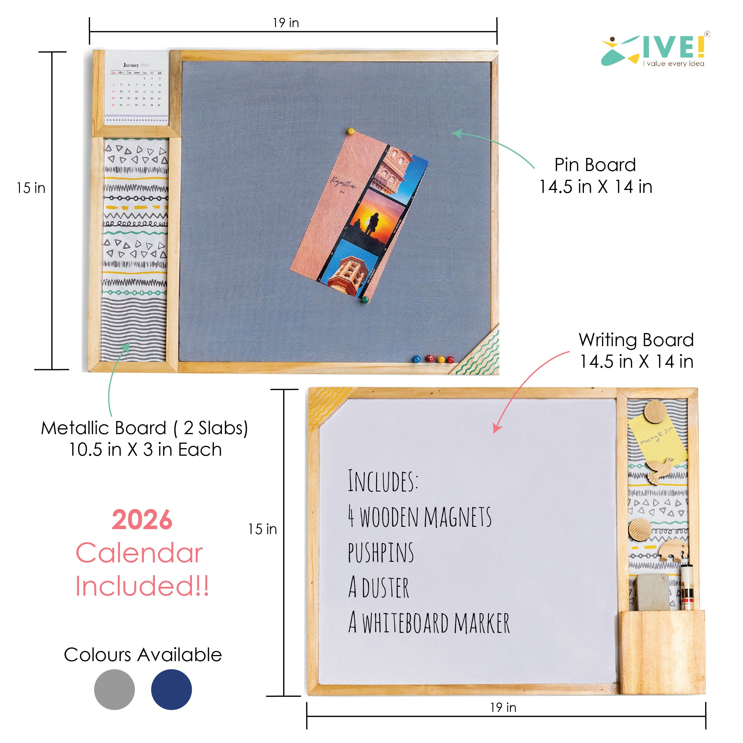 IVEI Combination Board with Magnet Board, Pin Board, Whiteboard & Calendar-Innovative Organizer for Kids and Adults with Magnets to Do Boards Gift for Home, Office, School- Set of 2 - Dark Blue, Grey