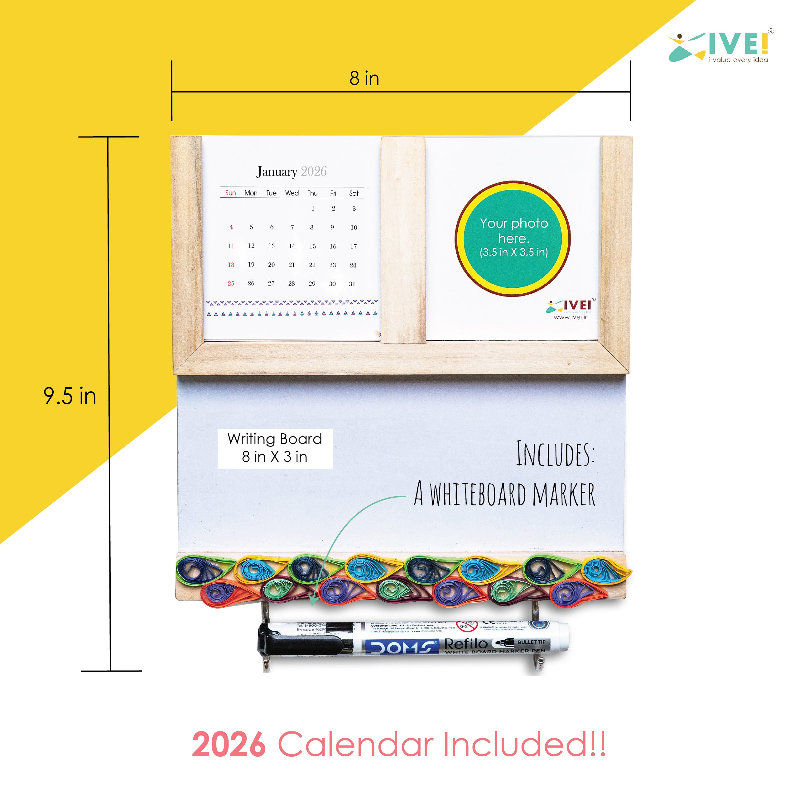 IVEI Utility Fridge Magnet with White Board, Mini Warli Calendar and Photo Frame, Paper Quilling on Wooden Frame - Daily Planner Magnet for Fridge with White Board - Best Gift for Home & Kitchen