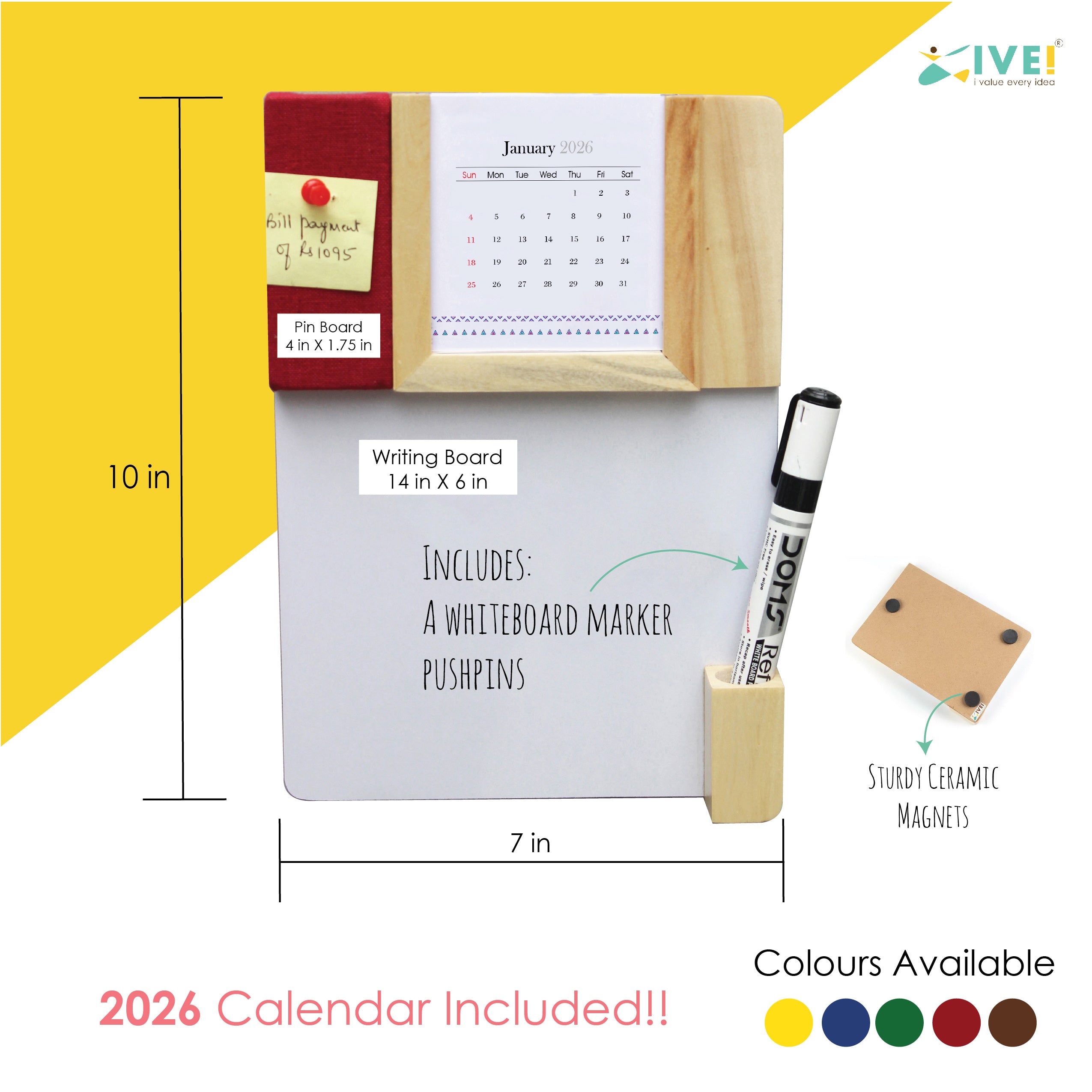 IVEI Warli Calendar with Pin Board & White Board - Magnet Board Calendar for Fridge - Utility Desk Calendar Dry Erase Board - Mini Calendar Fridge Magnet with Whiteboard & Pinboard - Brown, Green, Wine, Yellow, Blue