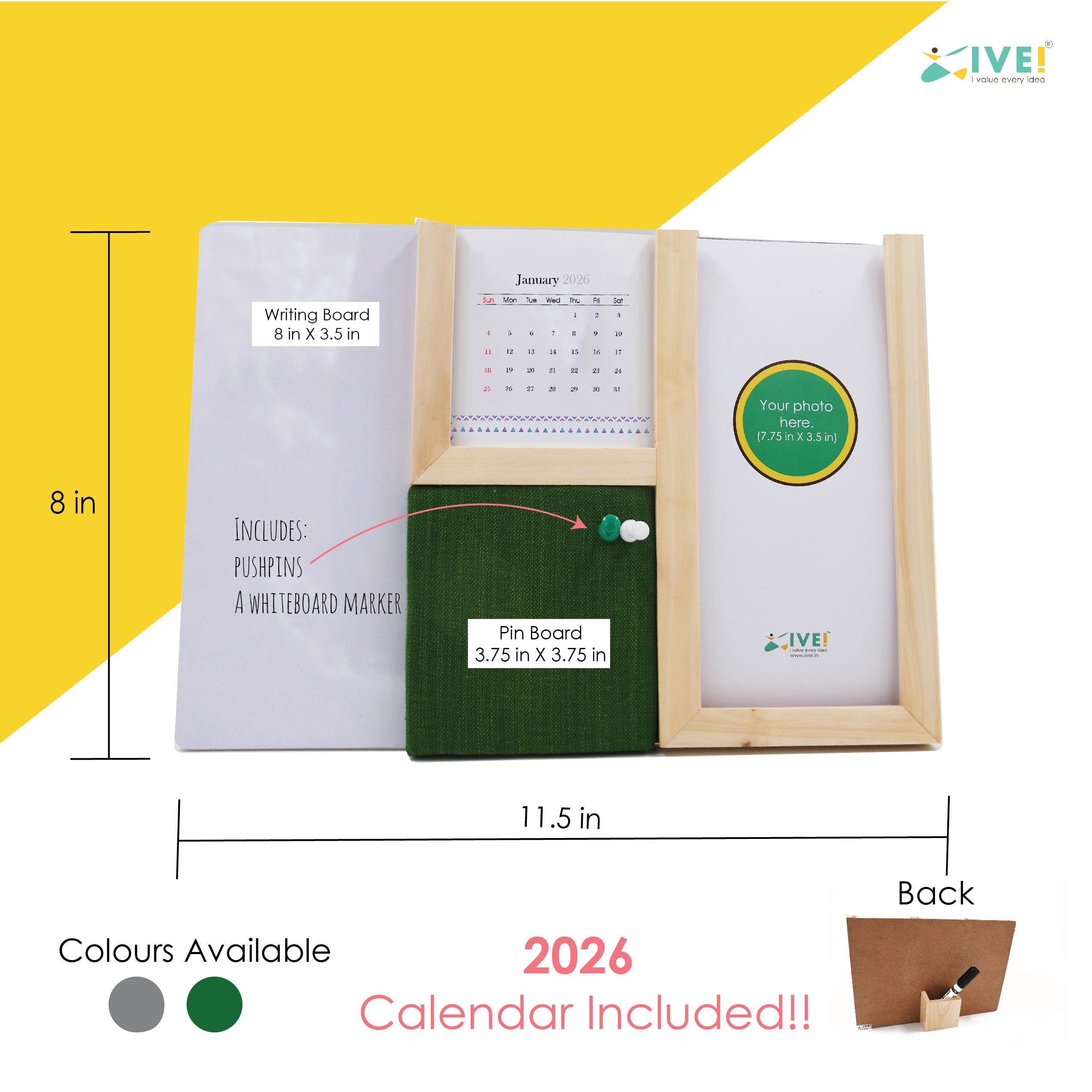 IVEI Premium Desk Organizer with replaceable Calendar, Whiteboard, Pin Board, Photo Frame, and Pen Stand - Multifunctional Workspace Organizer - Elegant Design (Green)