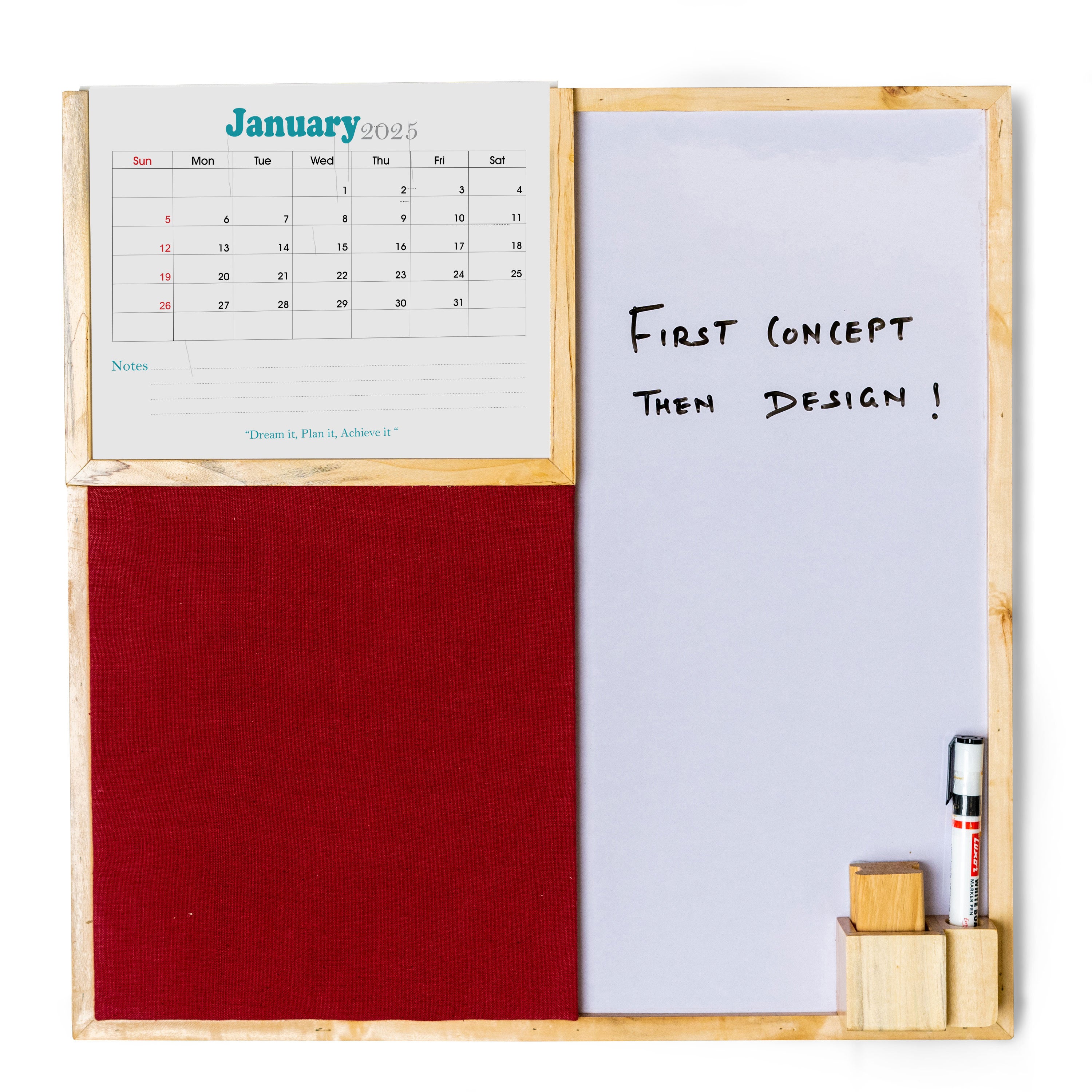 IVEI Combination Board with Planner, Pin Board & Whiteboard - Grey - Innovative Organizer for Kids and Adults to Do Boards – Best Gift for Home, Office, School- Grey, Wine