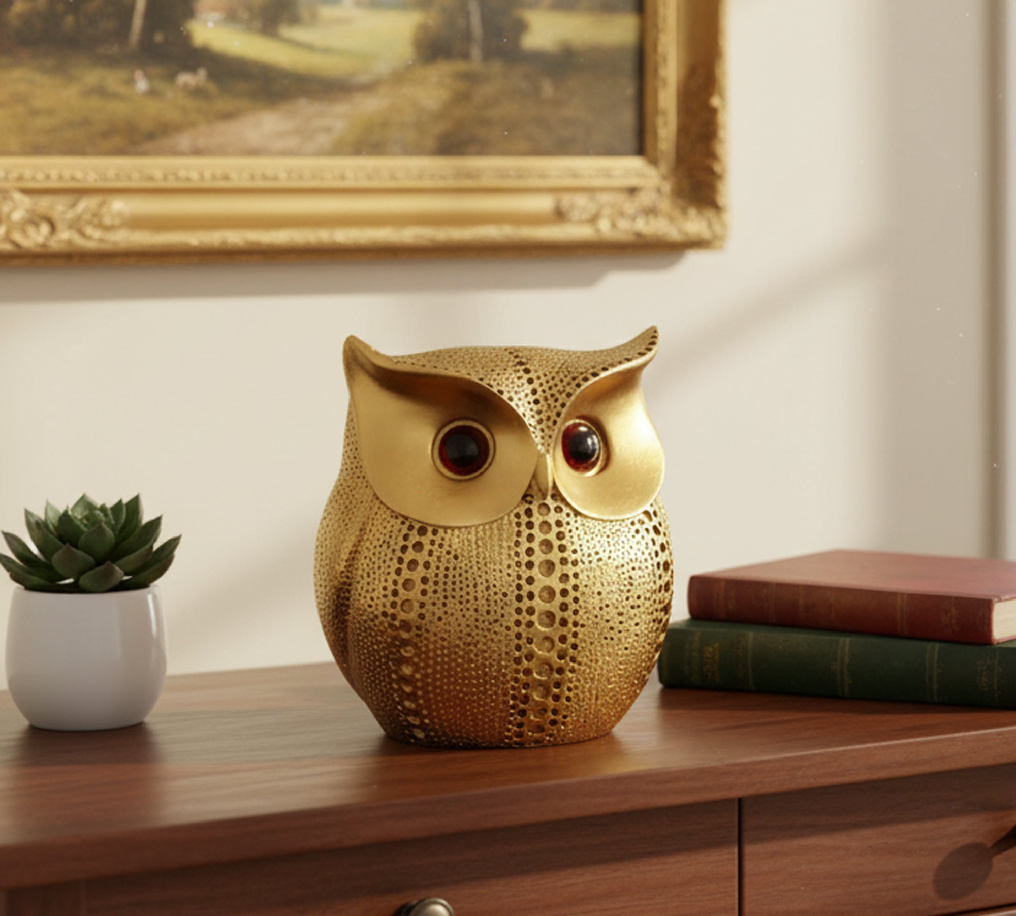 ESPLANADE Resin Owl Ullu Golden Decor Showpiece | Vintage Home Decorative | Goodluck Charm | Fengshui | Vastu - 5.5 Inches Approx
