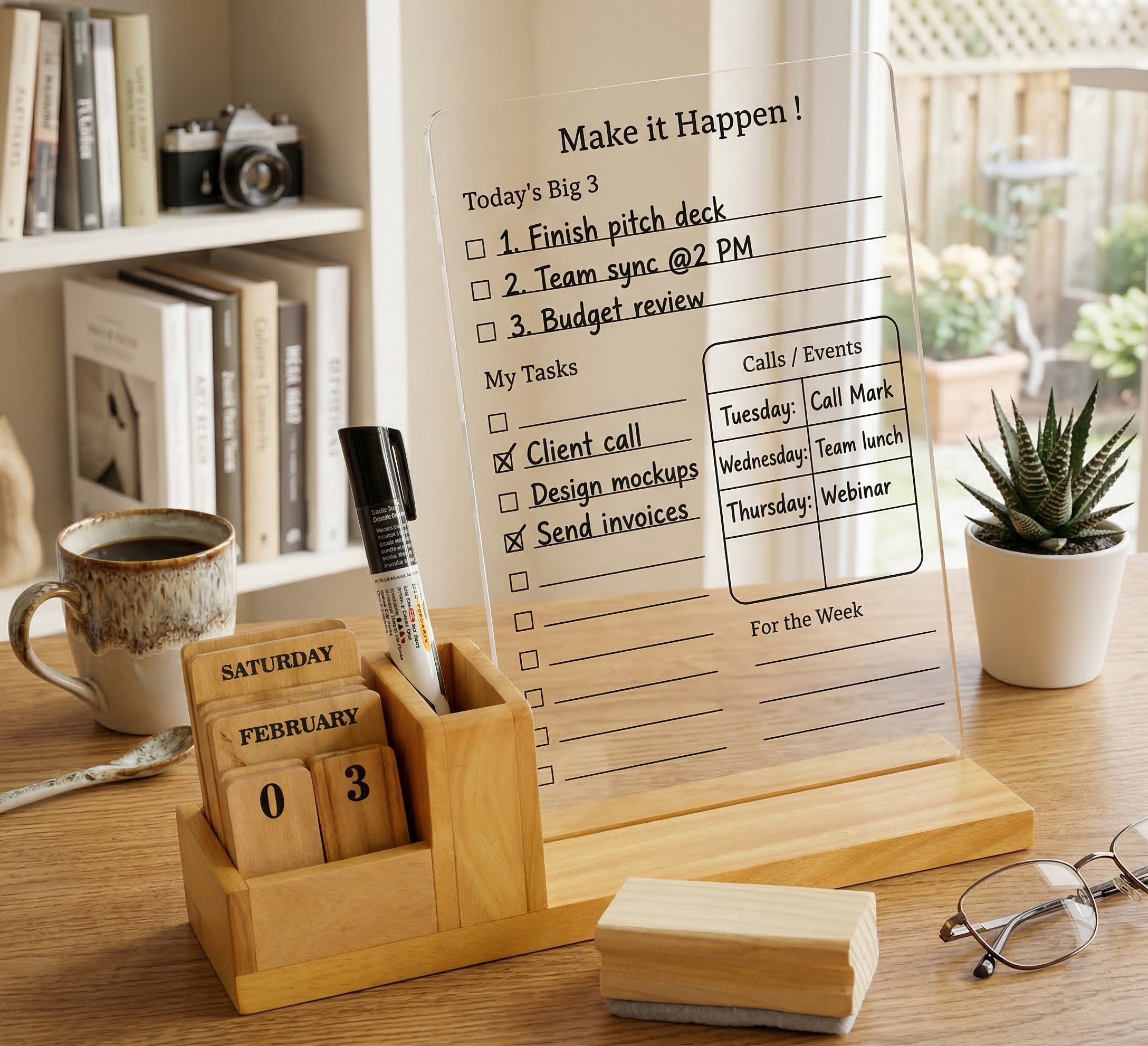 IVEI Acrylic Daily Planner Board with Wooden Desk Organizer & Calendar Blocks