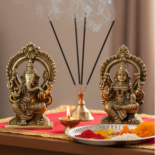 ESPLANADE Lakshmi Ganesh Murti, Laxmi Ganesha Idol Statue Sculpture - Set of 2 - Brown-Golden - Brass | for Home Mandir, Diwali Pooja, Gift for Family and Friends (5.9