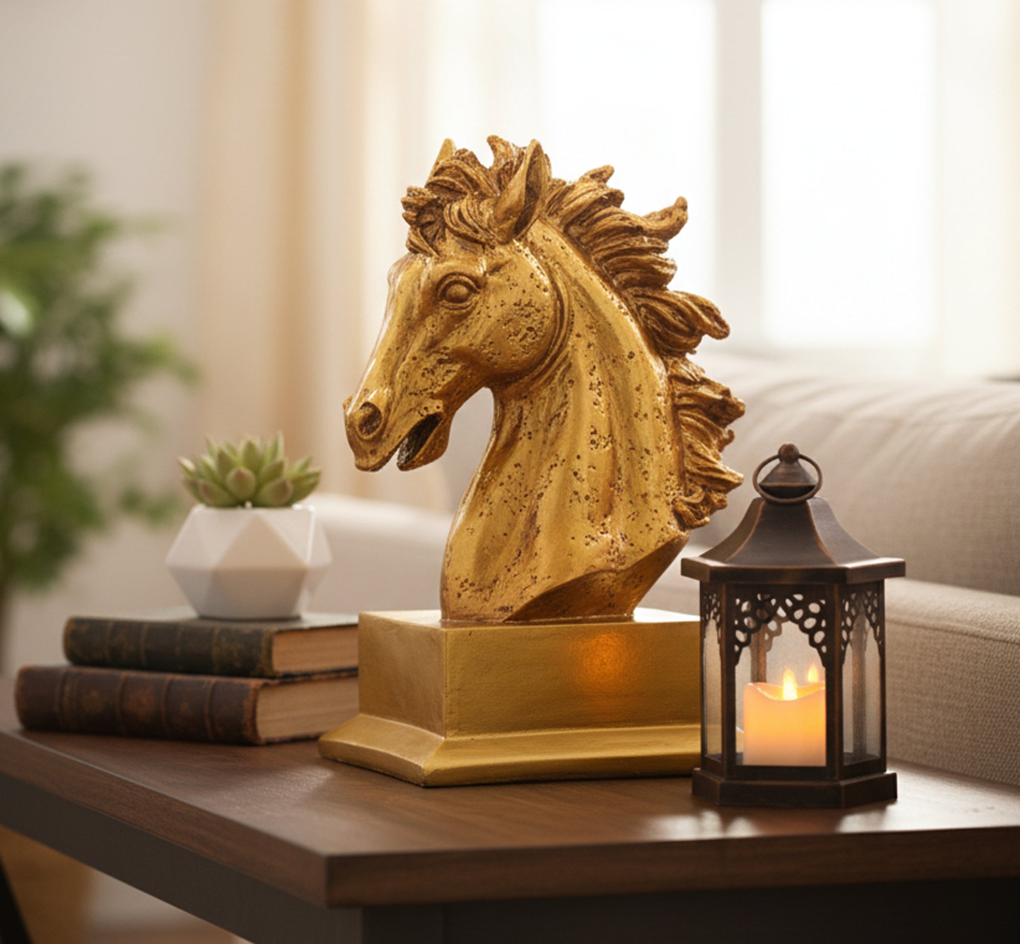 ESPLANADE Resin Horse Head Showpiece Figurine Sculpture | Decorative Items - Home Decor | Golden - 9.75" Inches