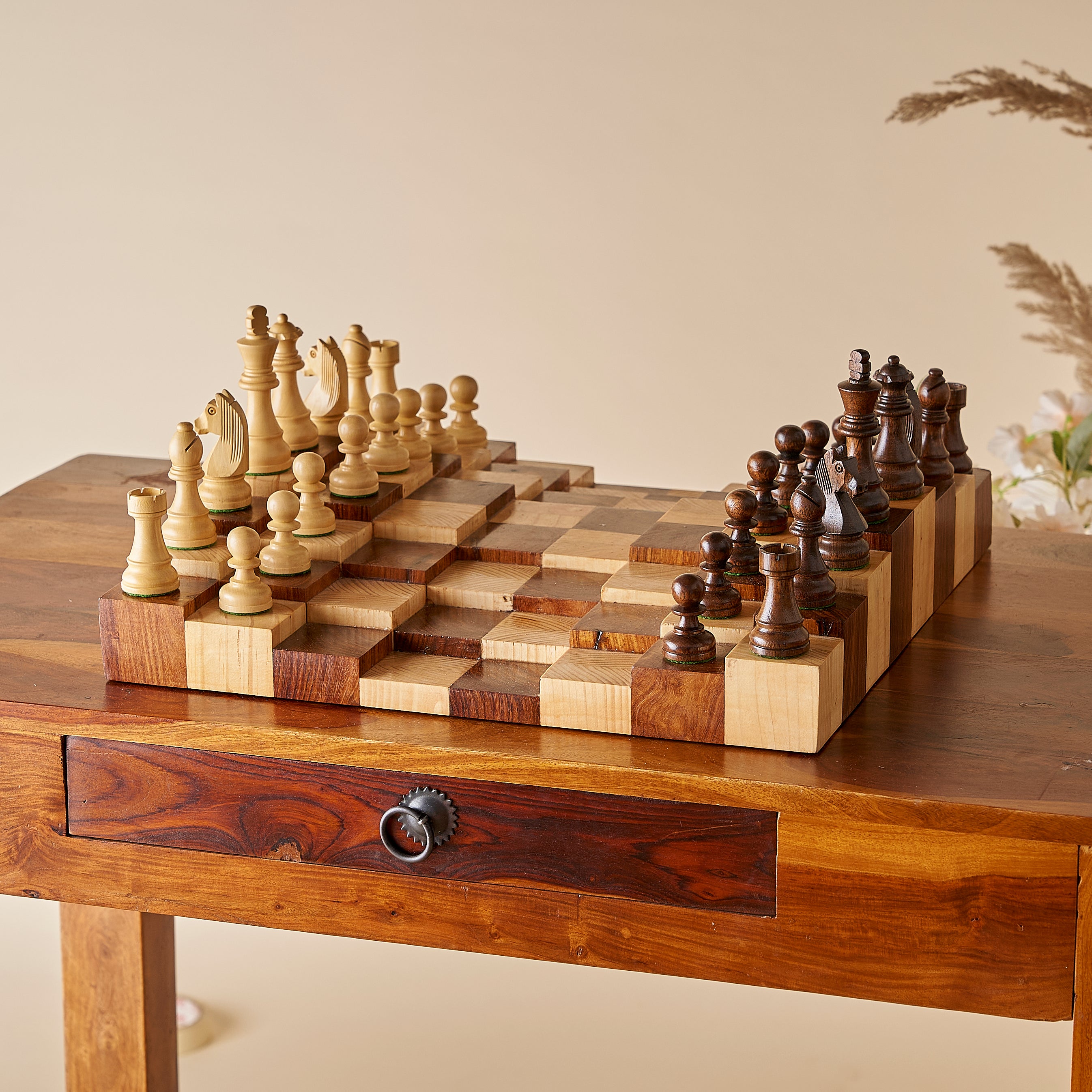 Stonkraft 3D Wooden Chess Board Set – Unique Handcrafted Chess Set, Collector's Edition Gifts for Chess Lovers | Elevated Squares | Chess Board with Pieces
