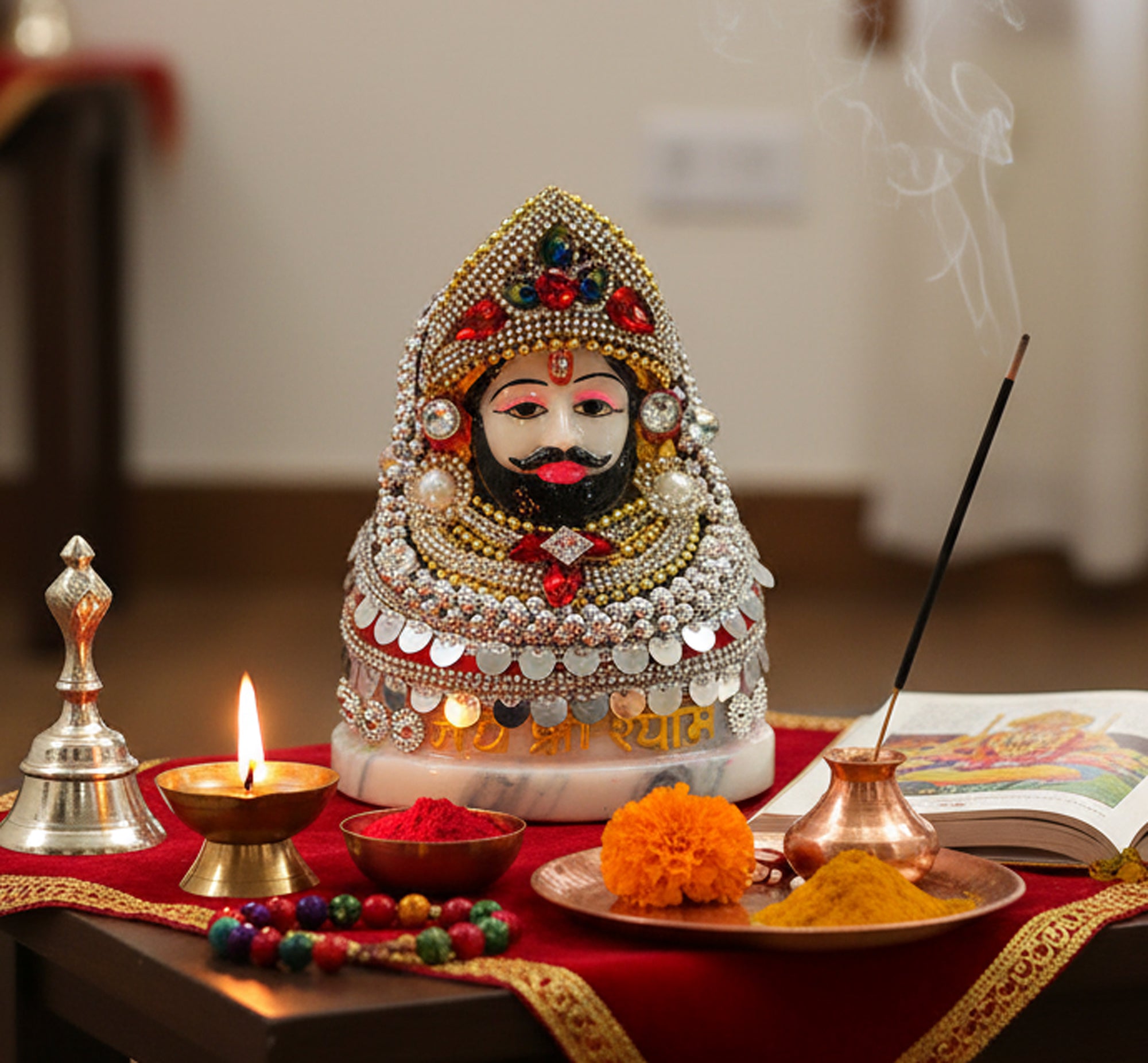 ESPLANADE Resin Khatu Shyam Ji Statue Shyam Baba Idol for Home Temple | Pooja Idols Home Decor | White Multicolor - 5.7" inches