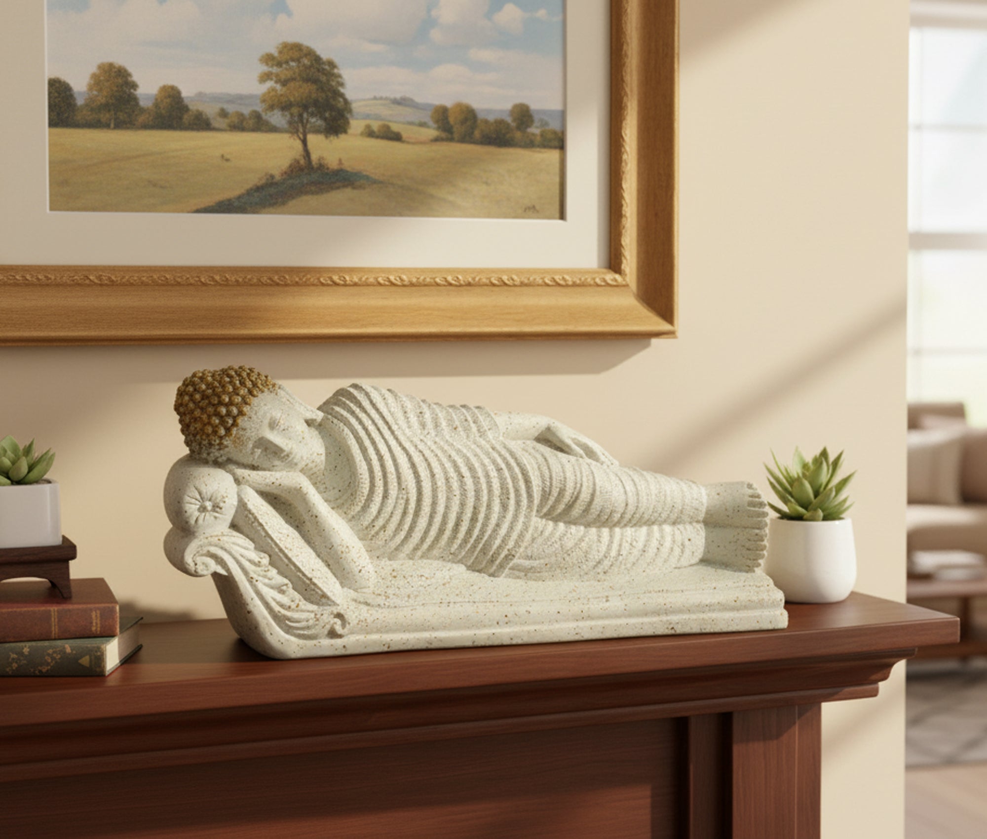 ESPLANADE Resin Sleeping Reclining Buddha Tibetan Buddhist Idol Statue Figurine - Home Decor - White - 16.5" Inches