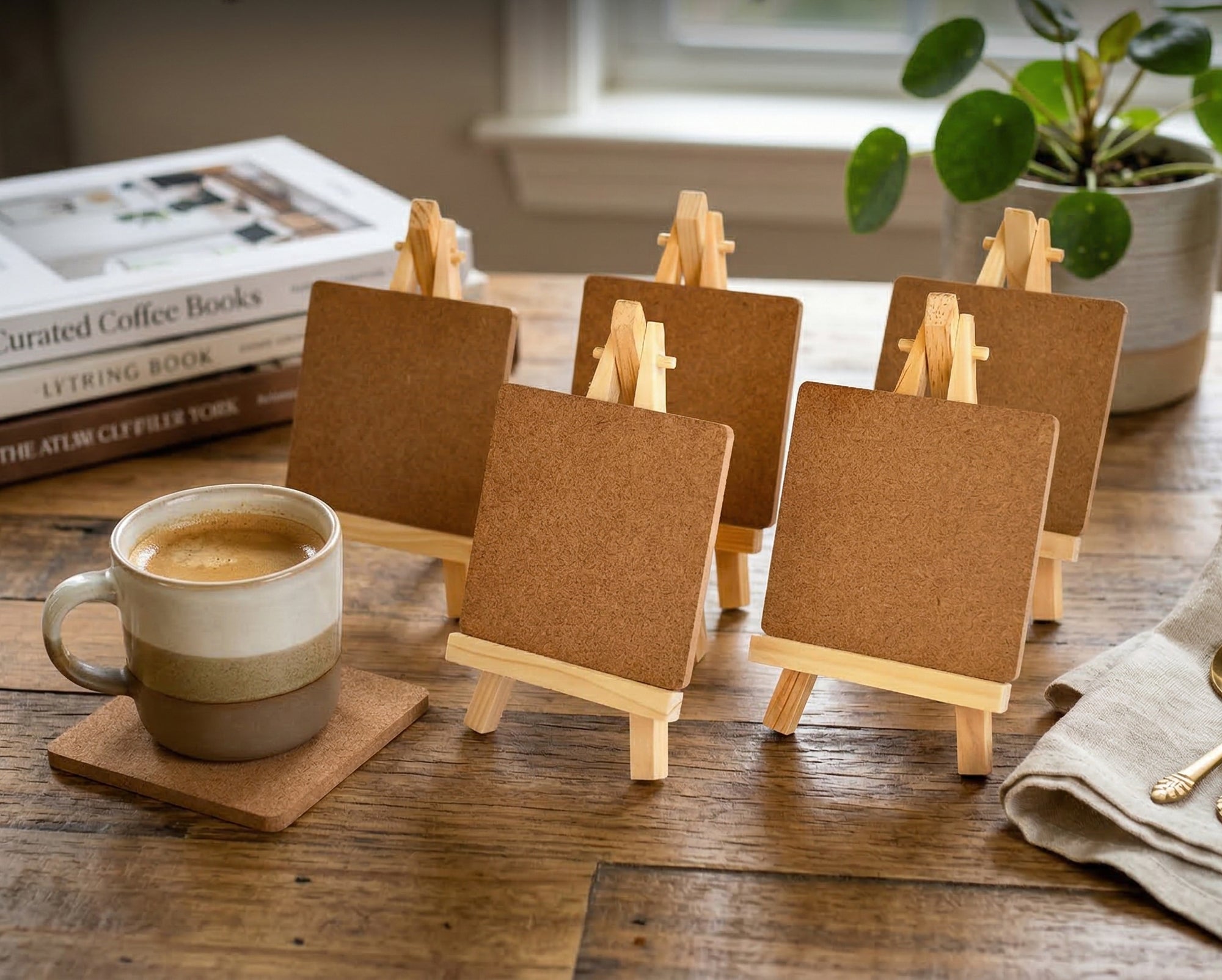 IVEI Mini 6 Inch Wooden Easel Stands with MDF Coasters  - Set of 6 | DIY Painting Coaster Kit with Display Stand