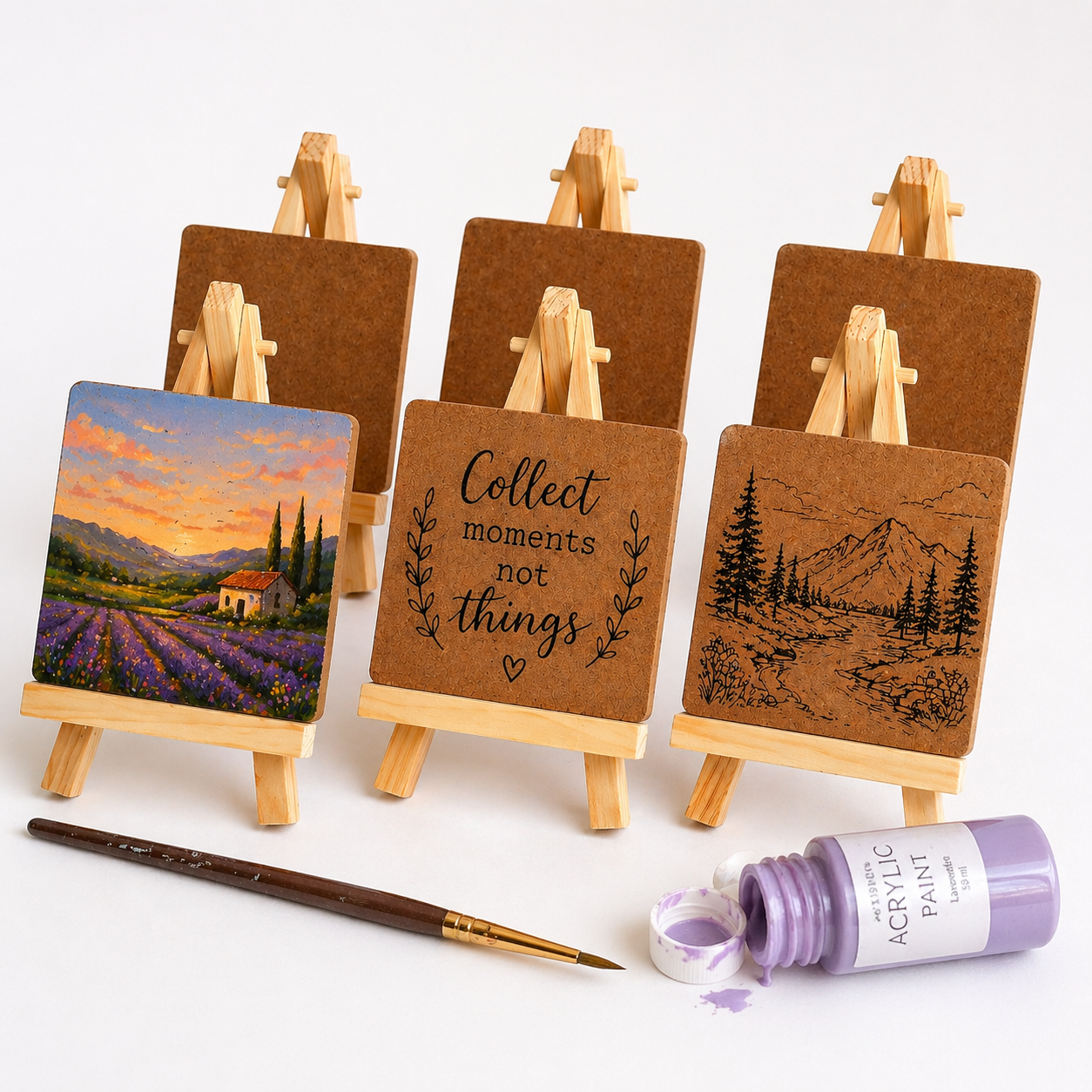 IVEI Mini 6 Inch Wooden Easel Stands with MDF Coasters  - Set of 6 | DIY Painting Coaster Kit with Display Stand