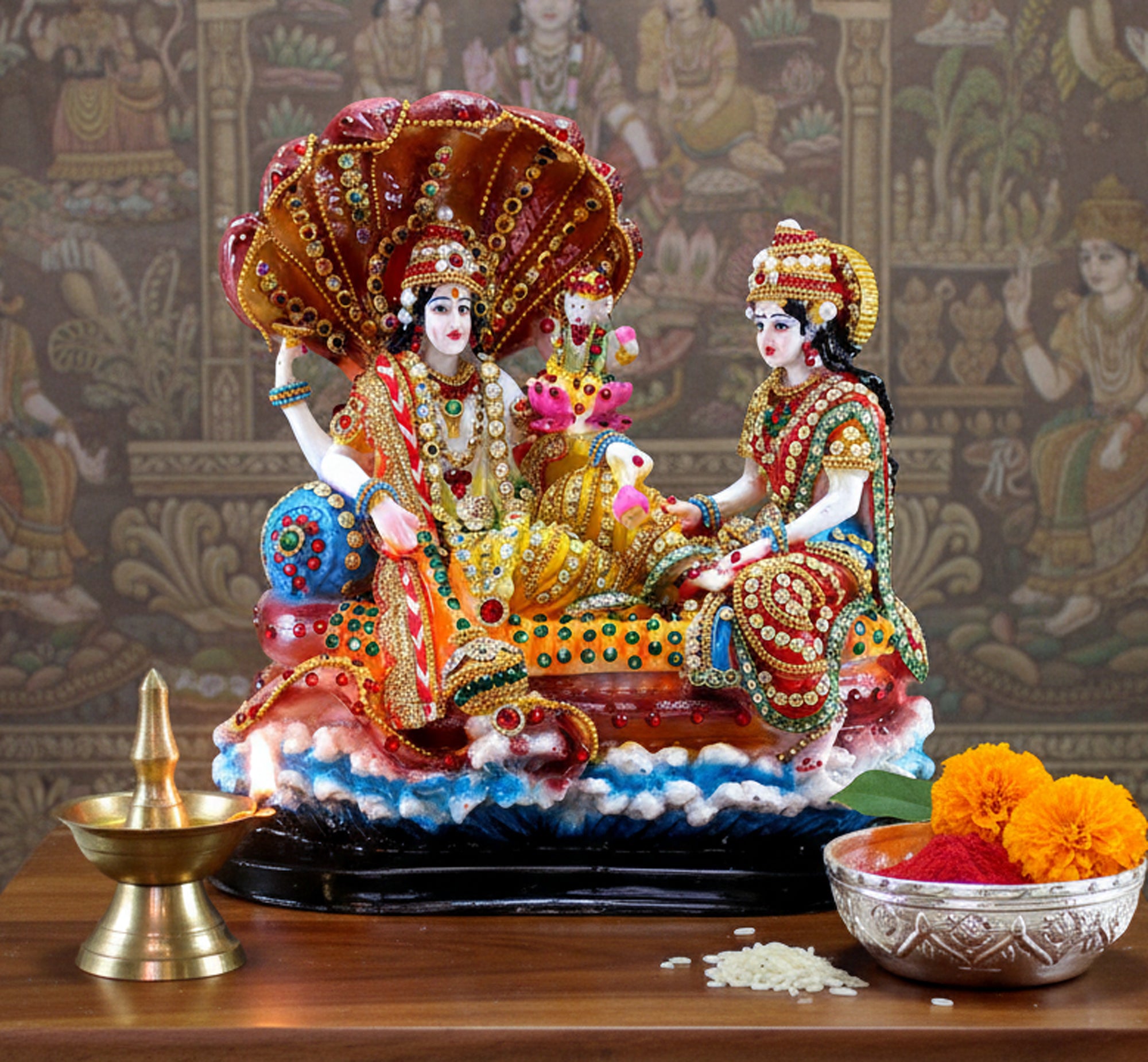 ESPLANADE - Resin Vishnu with Laxmi in Ksheer Sagar - Lakshmi Narayan Murti Idol Statue Sculpture - Pooja Articles - Multicolour - 10" Inches, Idol
