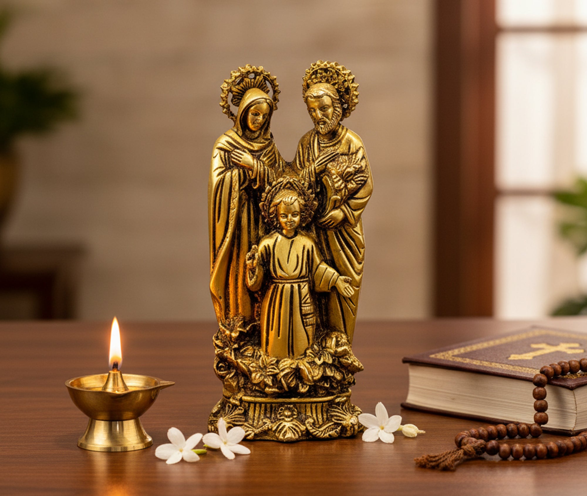 StonKraft Brass Holy Family of Mother Mary, Joseph, Jesus Christ Idol Statue Sculpture - (7.5" Inches Height)