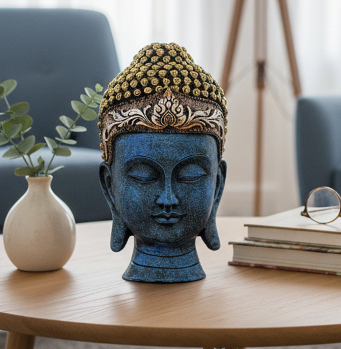 eSplanade Buddha Head Statue for Home Decor | Resin Buddha Face Showpiece for Living Room, Meditation, Office Table Desk, Shelf | Tibetan Buddhist Idol | Zen or Yoga Figurine Gifts | Blue, 12 Inch