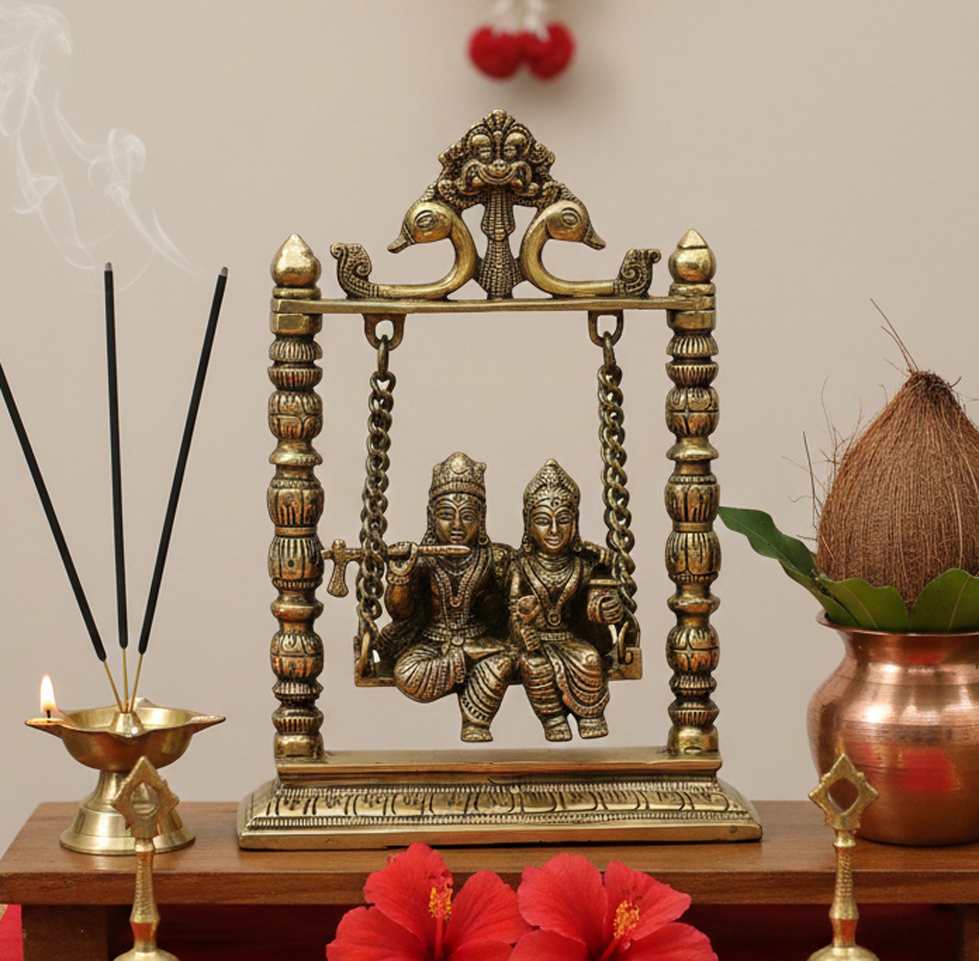 ESPLANADE Brass Radha Krishna on Jhula Swing - Home Decor Items - Golden - 10" Inches