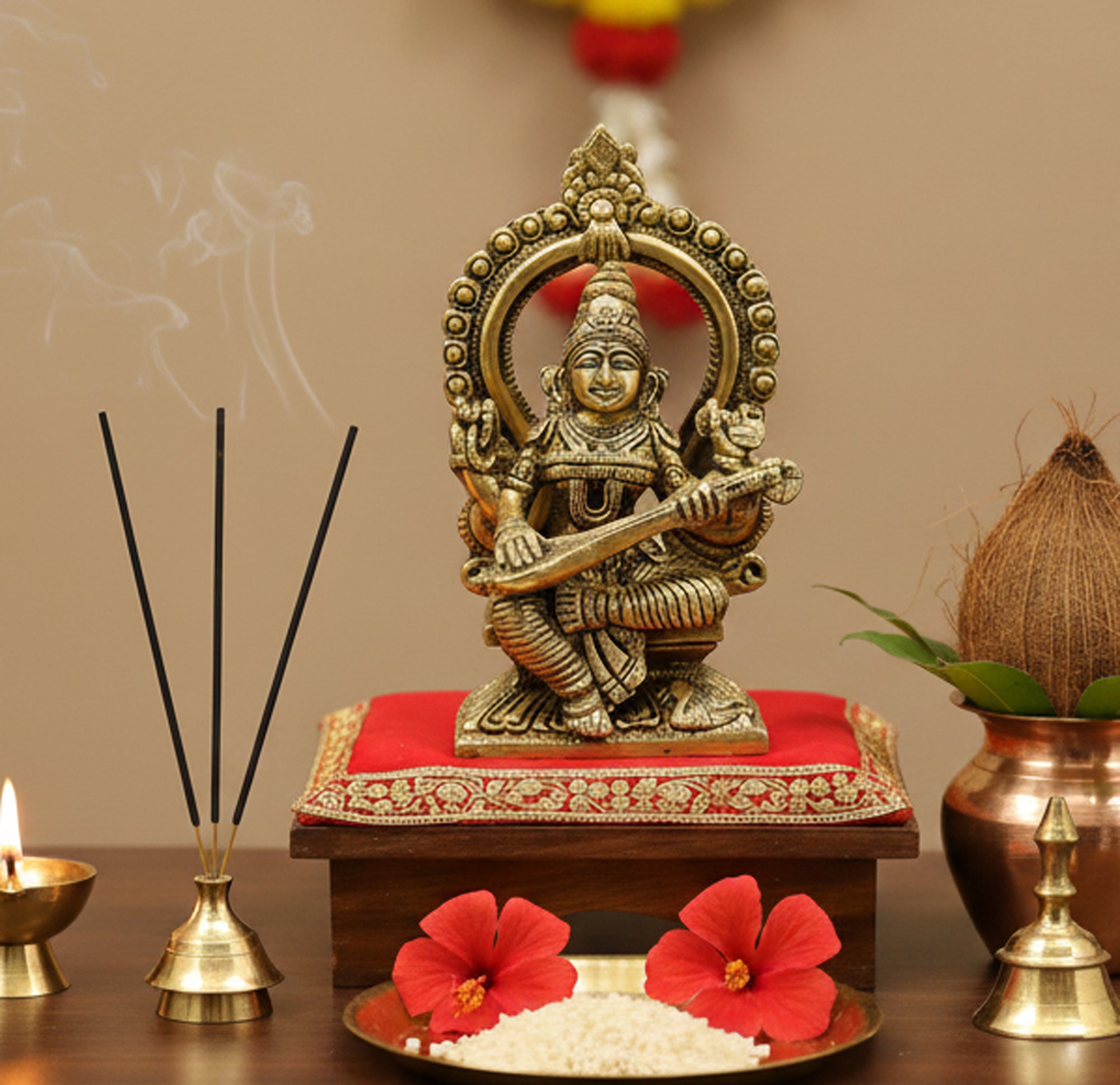 eSplanade Brass Saraswati Maa Murti Idol Statue Sculpture for Home Decor and Temple - 6" & 9.75 Inches