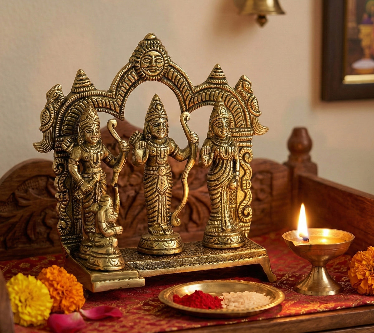 StonKraft - Brass Ram Darbar includes Rama, Sita, Laxman, Hanuman Murti Idol Statue Figurine | 6.75" inches