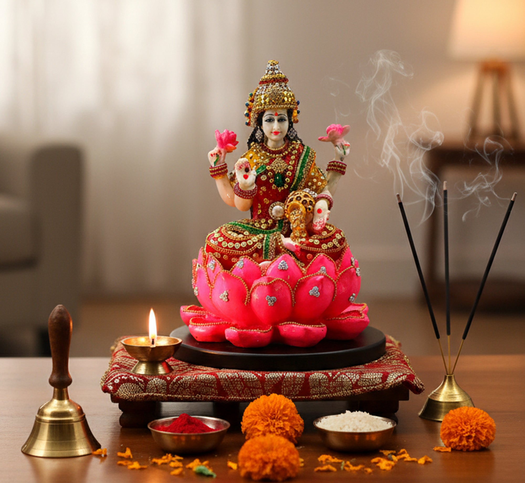 eSplanade Lakshmi on Lotus | Laxmi Goddess Murti Idol Statue Sculpture Figurine - Resin - 11" Inches & 7" Inches - Multicolour