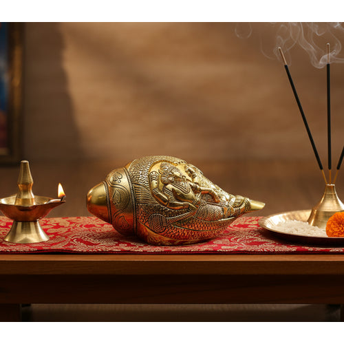 eSplanade Brass Vishnu Laxmi Ksheer Sagar Carved Holy Shankh Sankha Conch Shell | Home Decor | 7