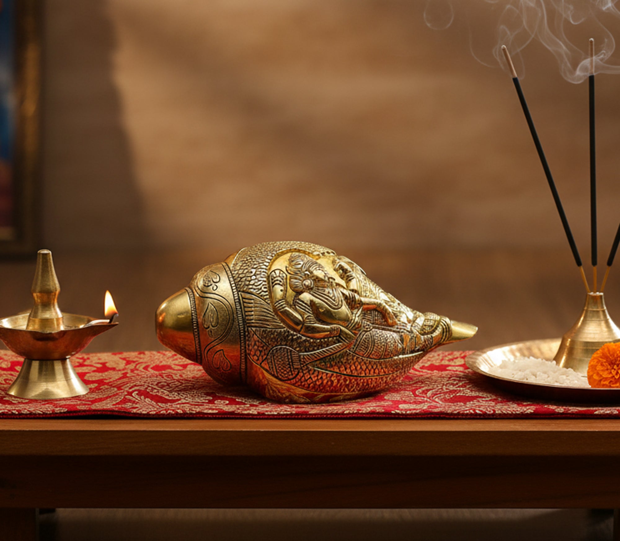 eSplanade Brass Vishnu Laxmi Ksheer Sagar Carved Holy Shankh Sankha Conch Shell | Home Decor | 7" Inches