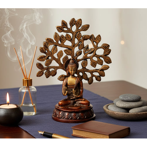 ESPLANADE Meditating Buddha with Nirvana Bodhi Tree Samadhi Showpiece Statue Sculpture Figurine Home Decor | Brass - Brown - 7