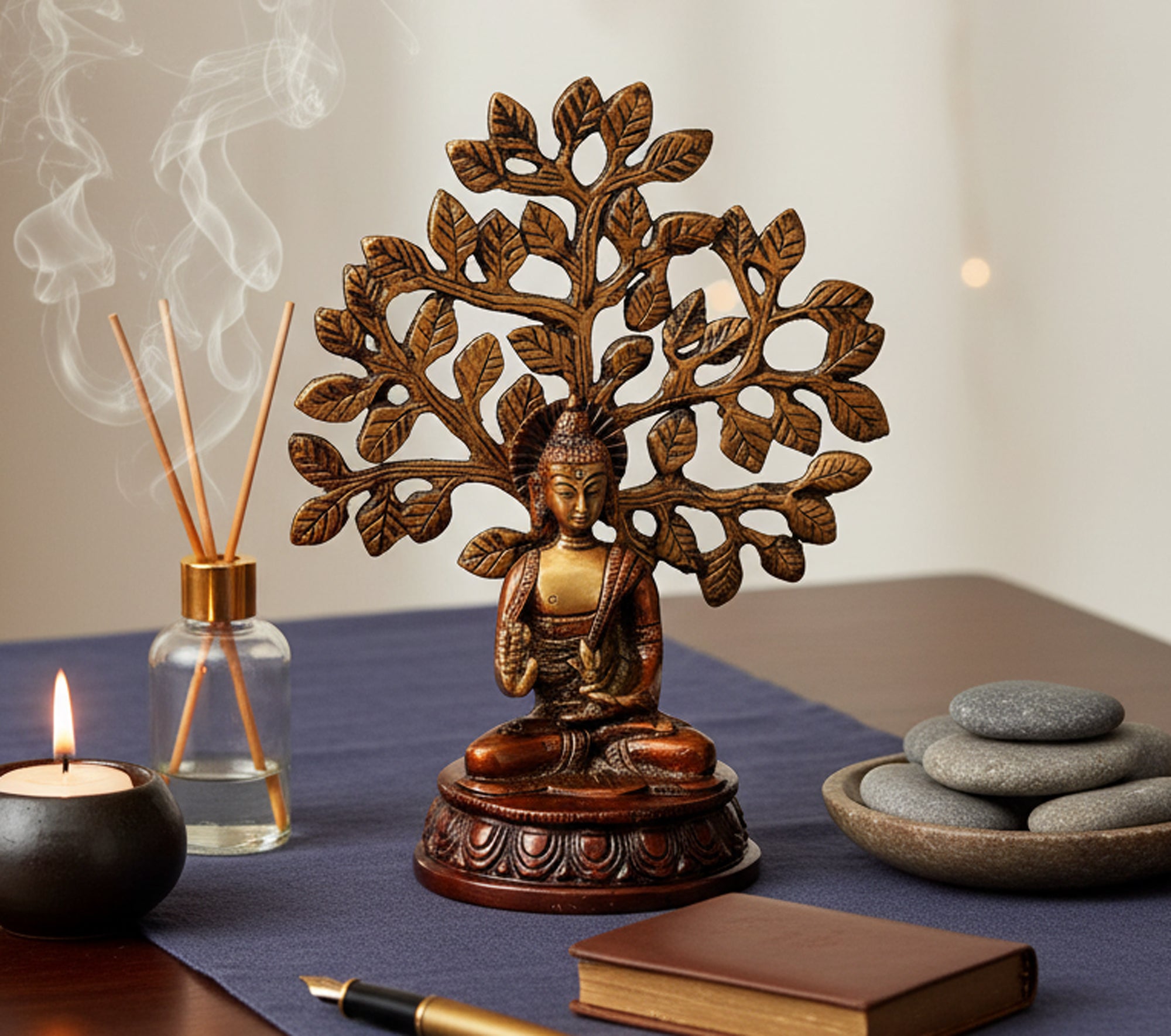 ESPLANADE Meditating Buddha with Nirvana Bodhi Tree Samadhi Showpiece Statue Sculpture Figurine Home Decor | Brass - Brown - 7" Inches