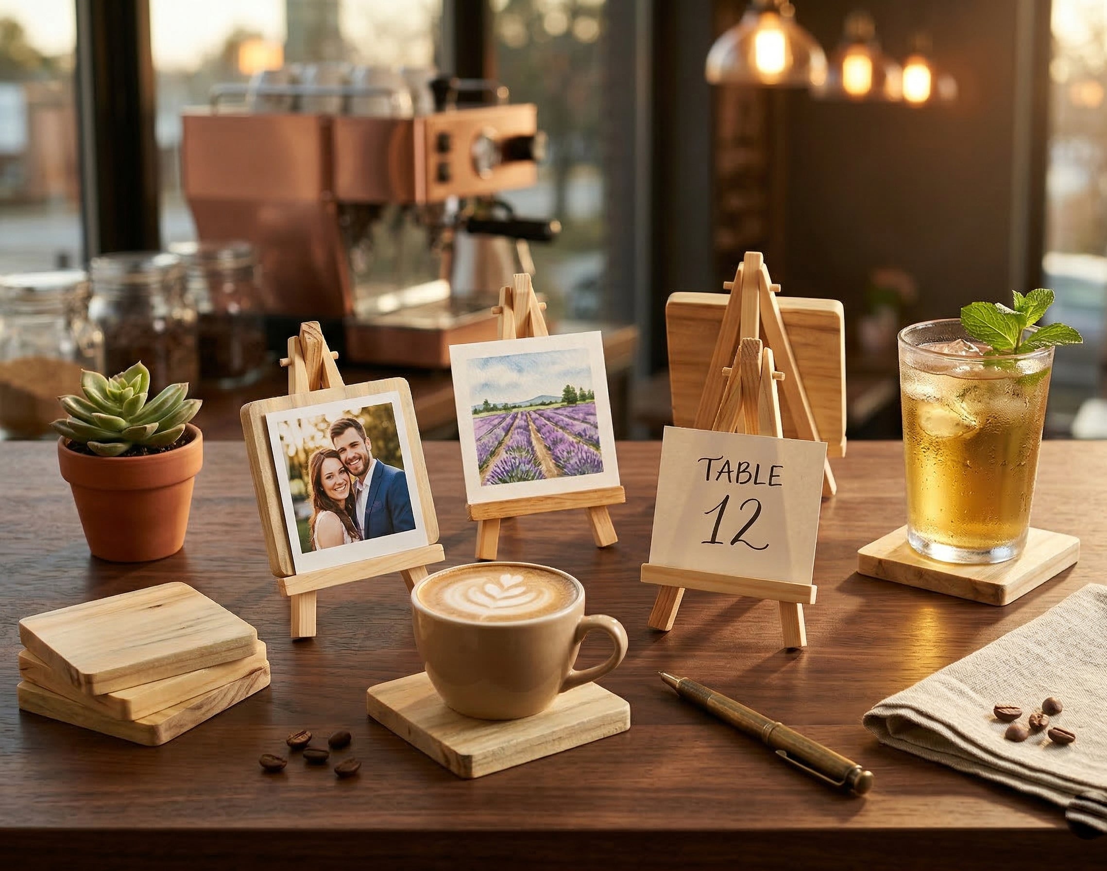 IVEI Mini Wooden Easel Stands with Wood Coasters - Set of 6 | DIY Painting Coaster Kit with Display Stand