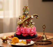eSplanade Saraswati on Lotus | Saraswati Goddess Murti Idol Statue Sculpture Figurine - Resin - Multi - 10.5" & 7" Inches