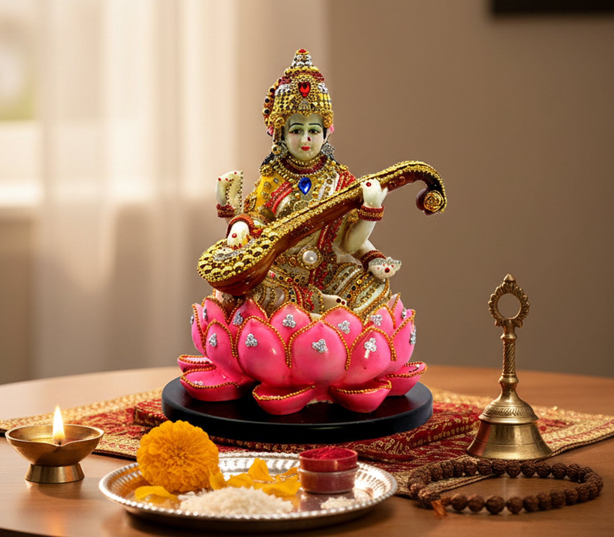 eSplanade Saraswati on Lotus | Saraswati Goddess Murti Idol Statue Sculpture Figurine - Resin - Multi - 10.5" & 7" Inches