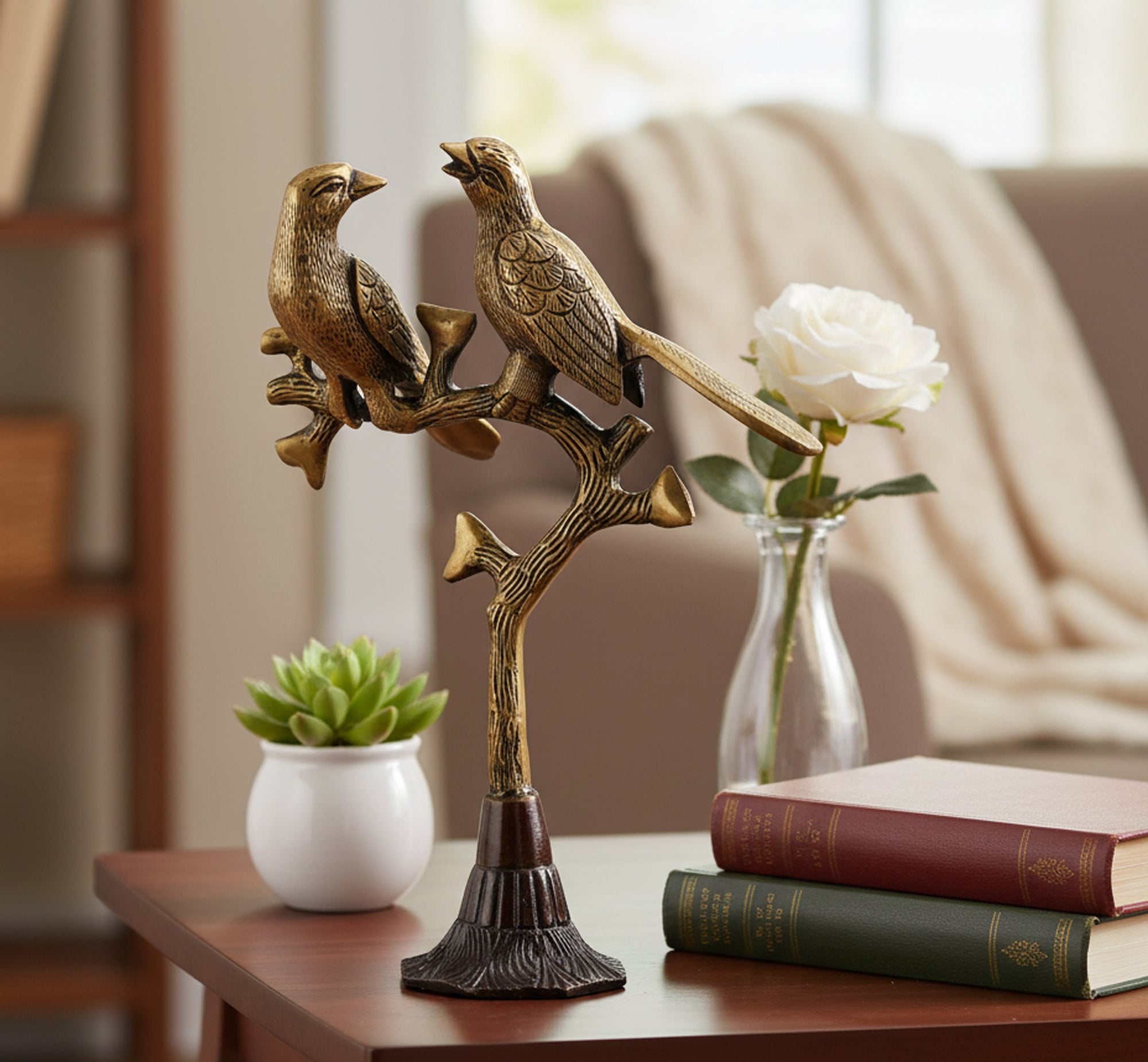 ESPLANADE Brass Love Birds Showpiece | Bird Statue Romantic Couple Gift Decorative Showpieces Items (Golden)