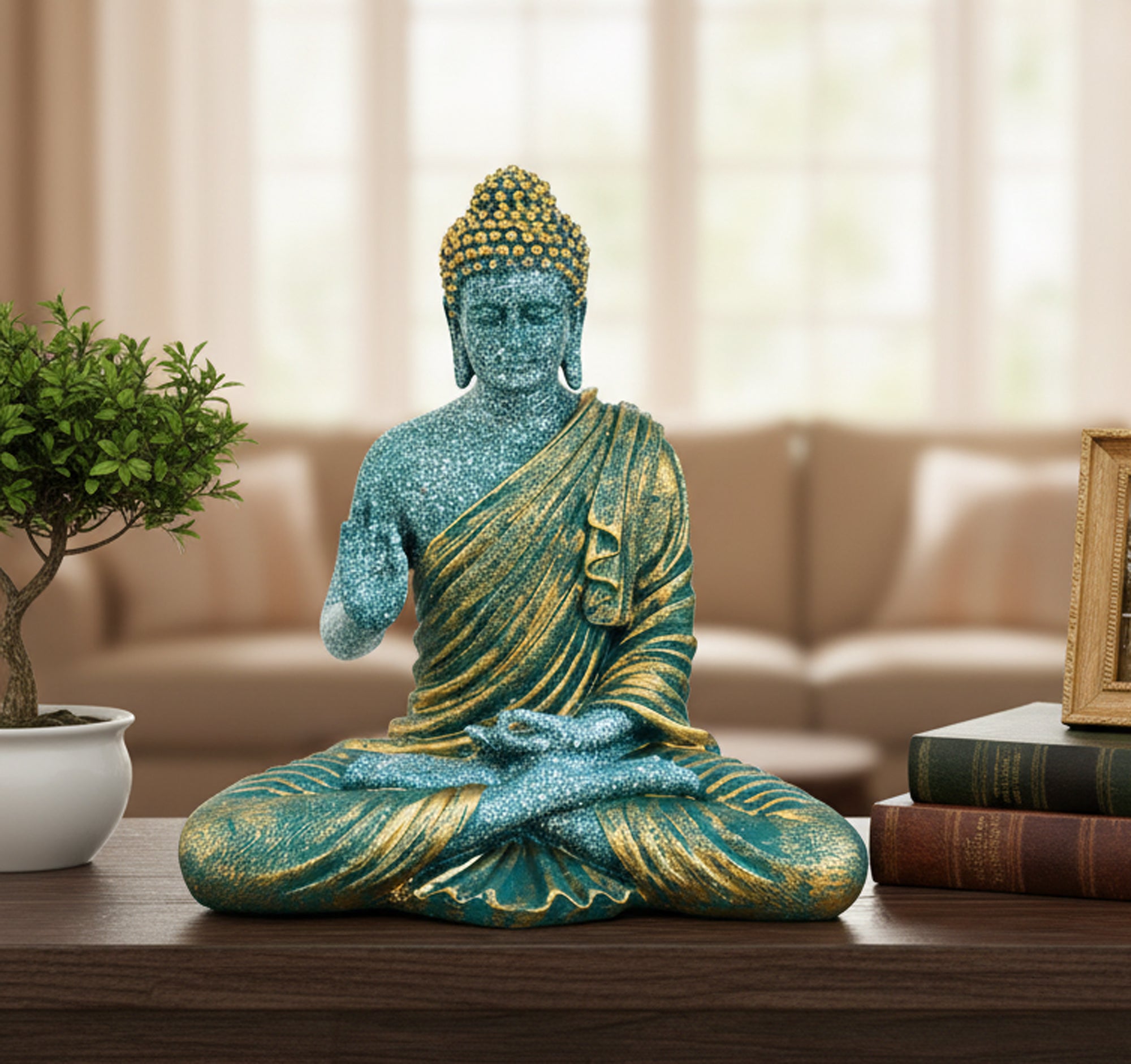 ESPLANADE Resin Meditating Buddha Showpiece | Home Decor | Idol Statue Figurine Murti | Tibetan Buddhist Statue - 14.5 Inches Height